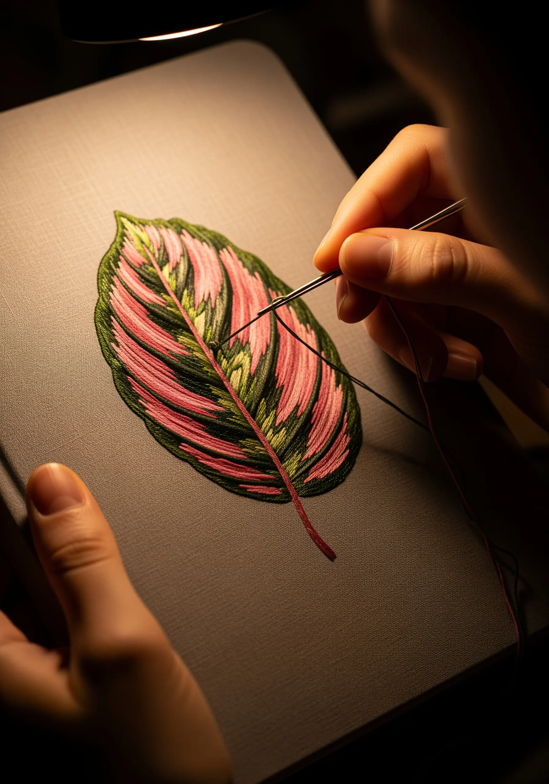 Close-up of hands thread-painting a pink and green calathea leaf, showing stitch direction.