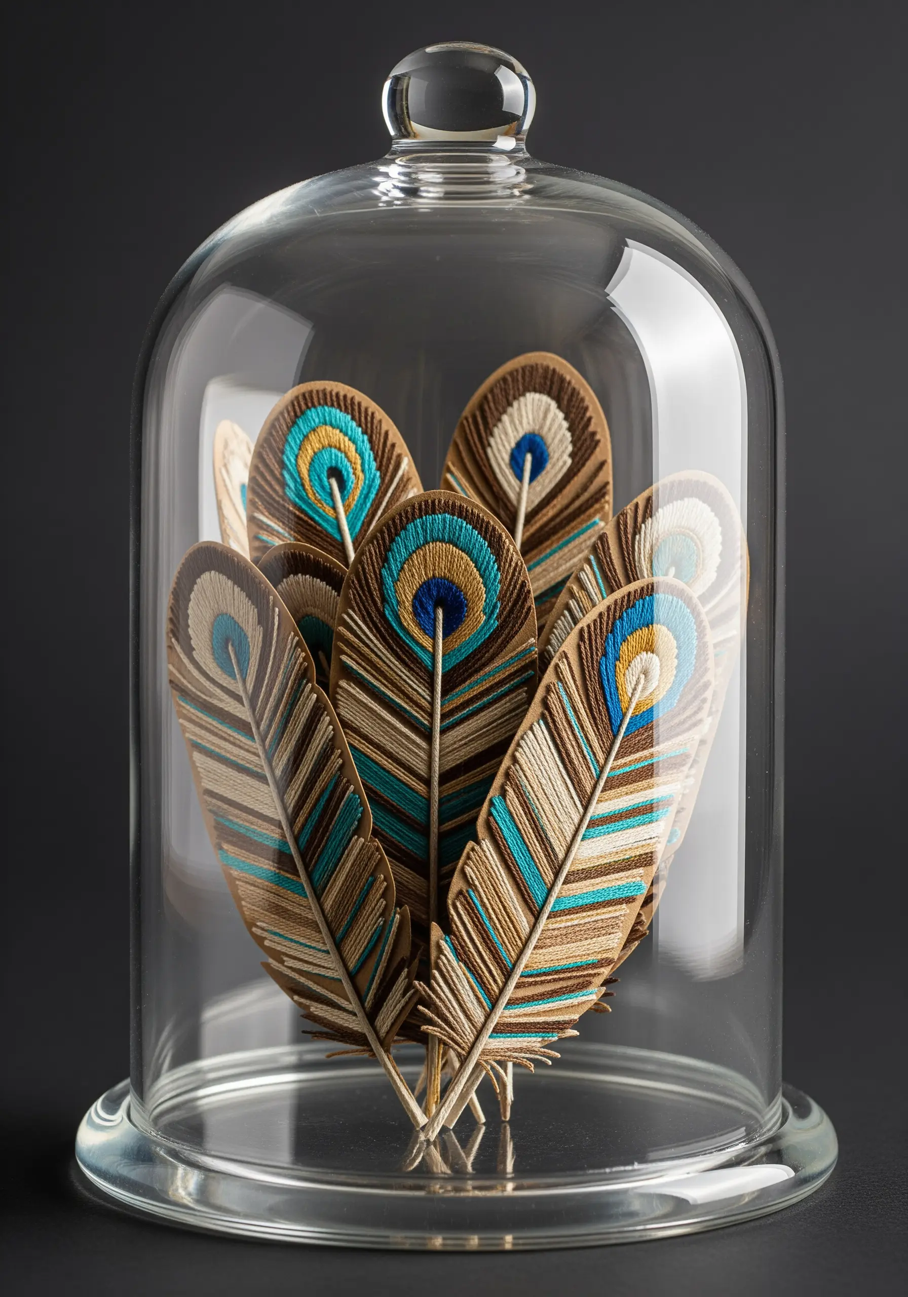 A collection of freestanding embroidered peacock feathers displayed under a glass cloche.