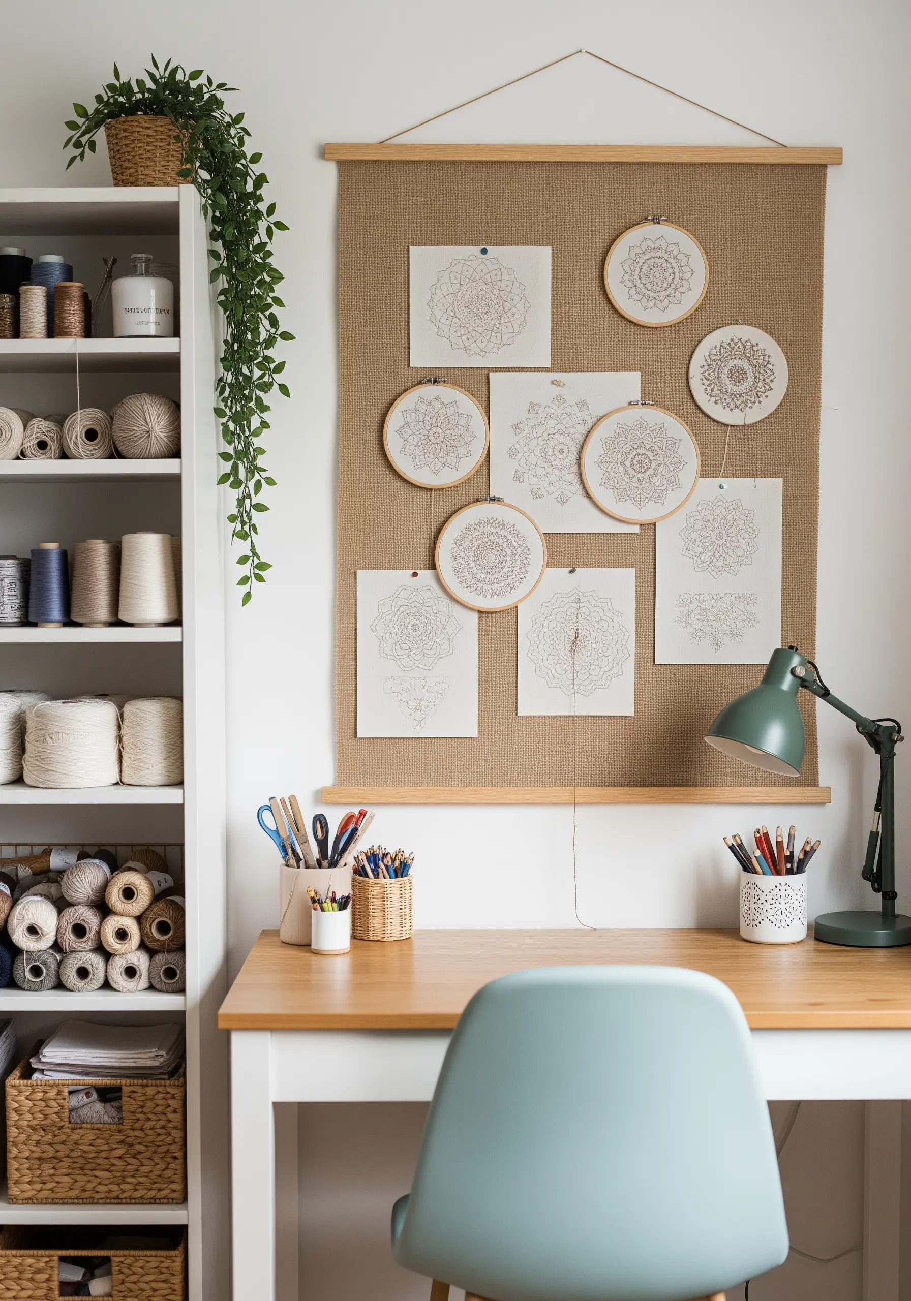 A craft room with a pinboard displaying finished mandala hoops next to their paper patterns.