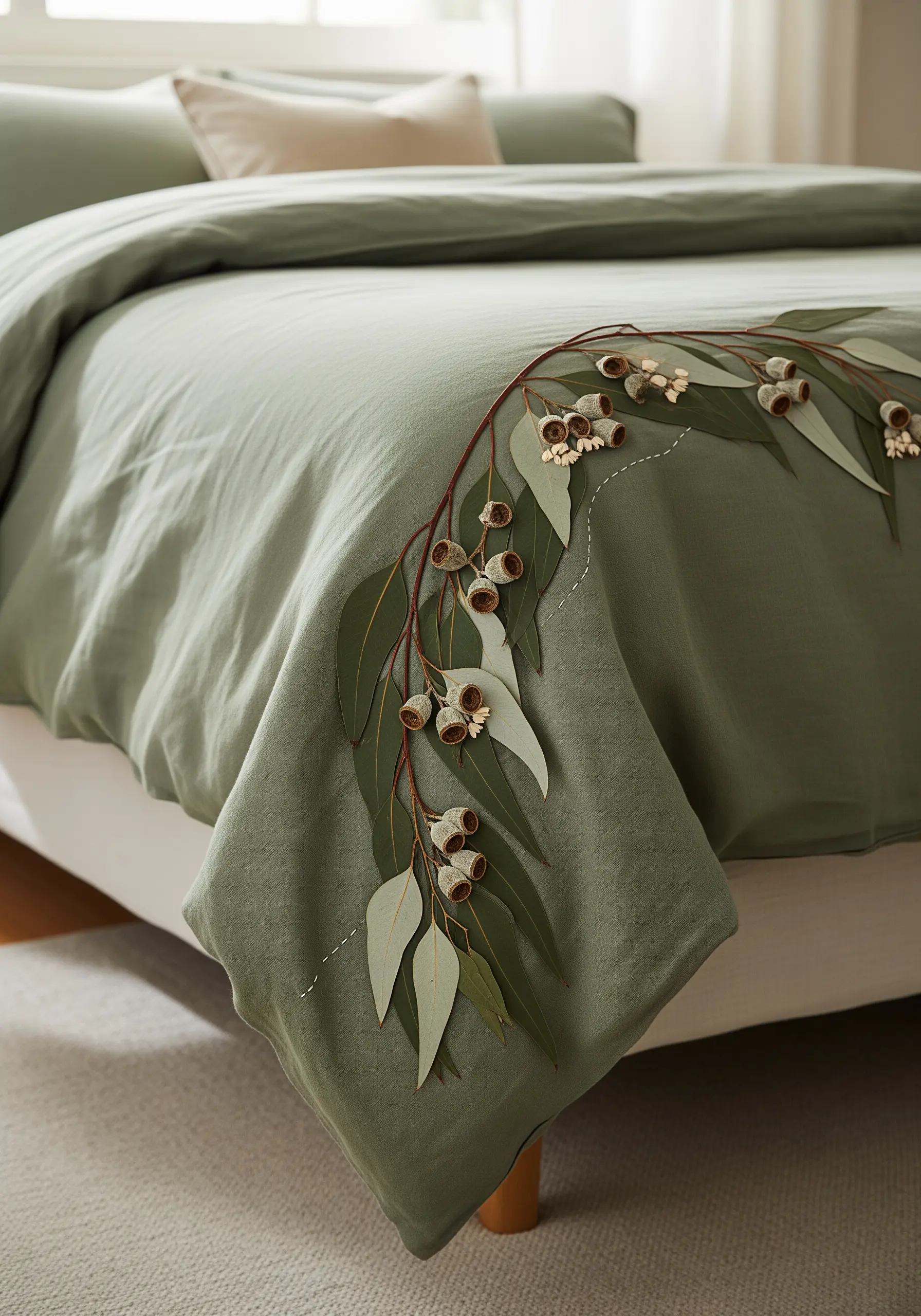 A branch of real preserved eucalyptus draped and stitched onto the corner of a sage green duvet cover.
