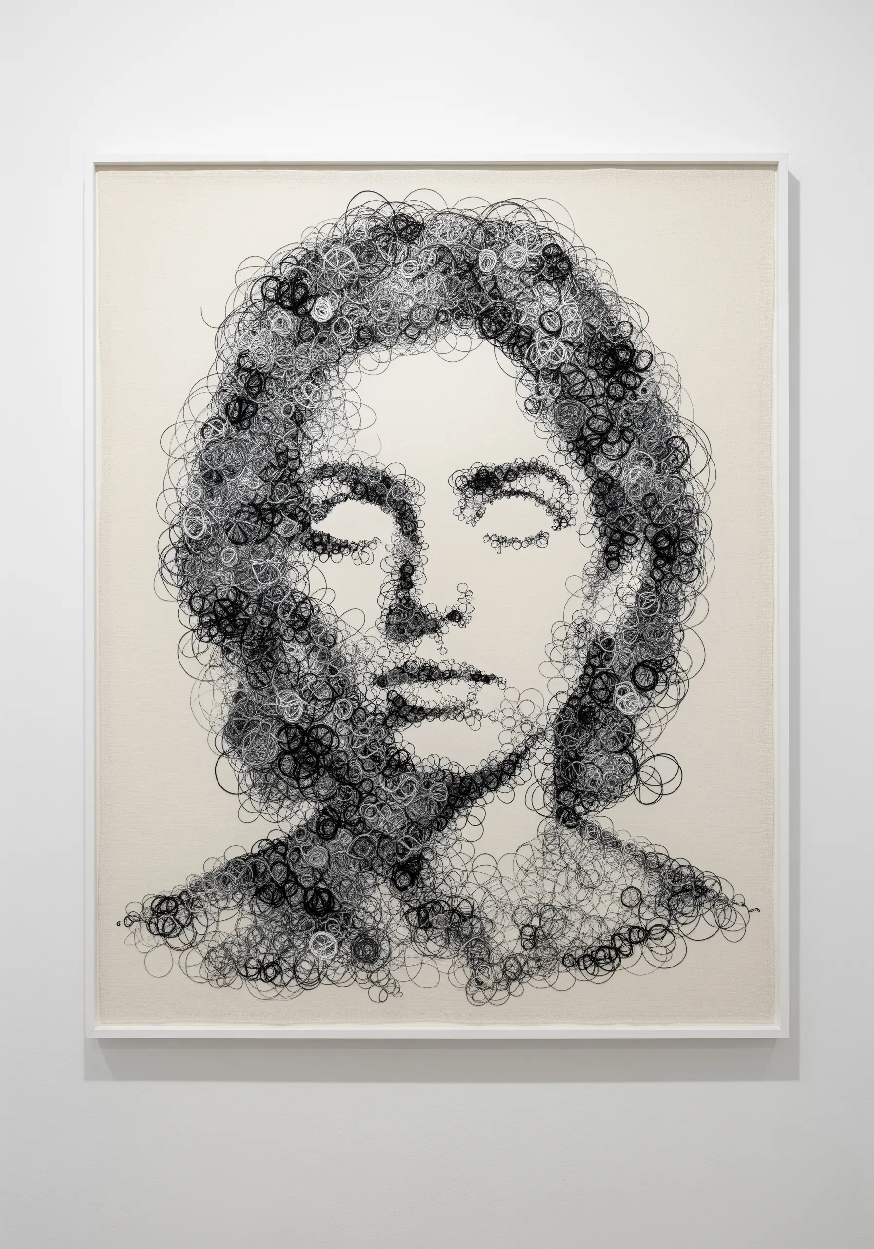 A framed portrait of a woman created entirely from continuous, scribbled black thread loops.