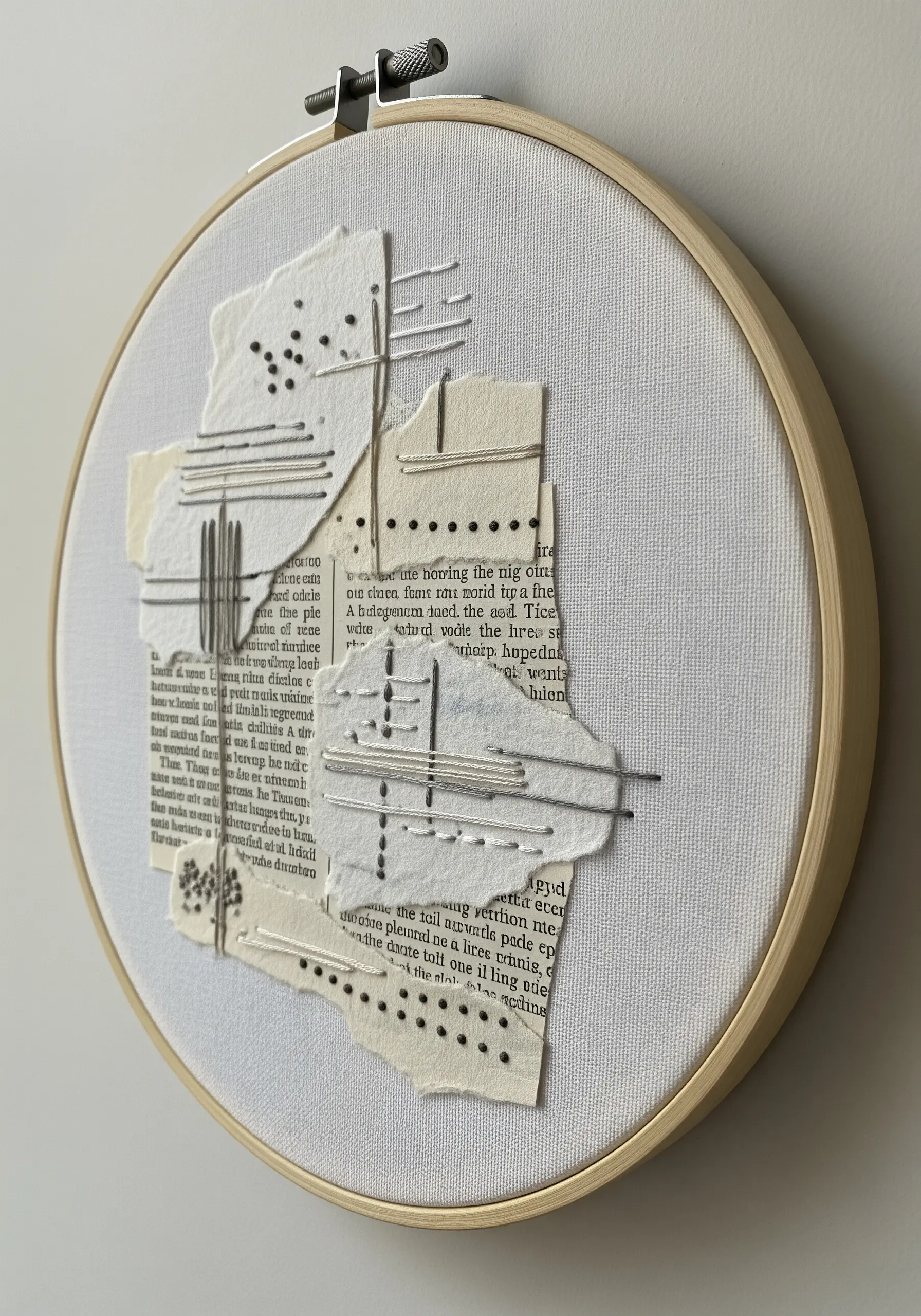 Abstract collage of torn book pages stitched over with geometric lines and French knots.
