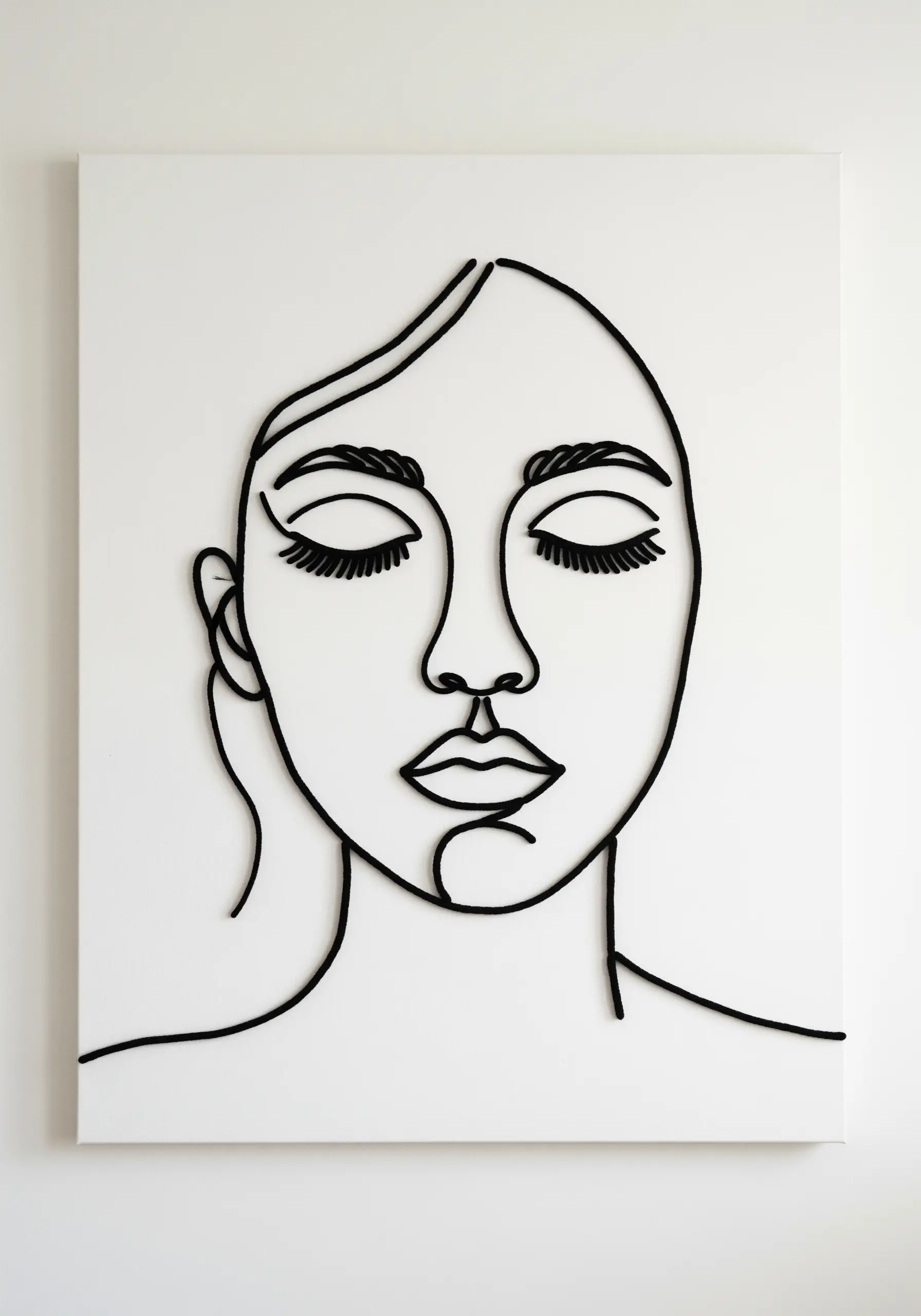 A minimalist portrait made from a single continuous line of black yarn on a white canvas.