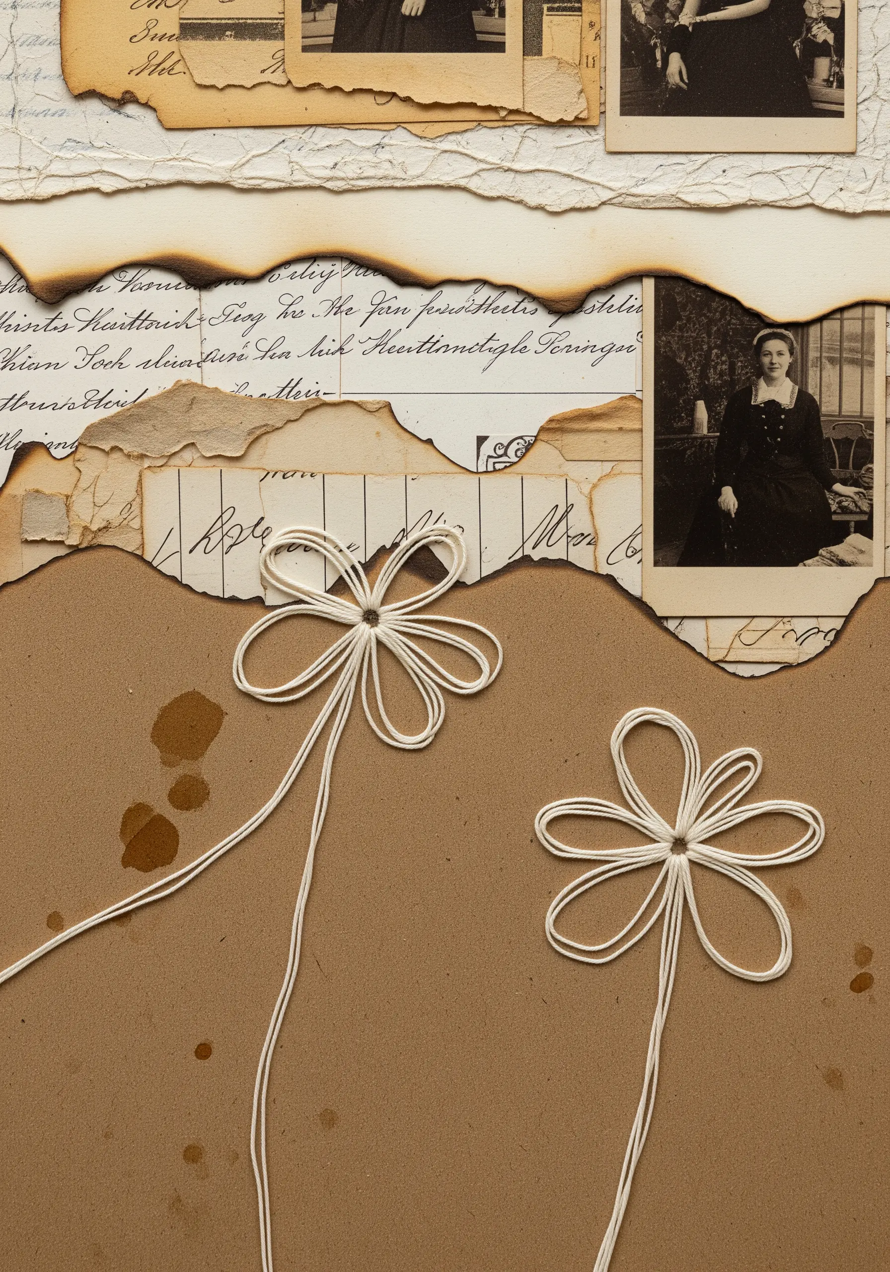 A vintage collage of old photos and letters with a simple, continuous-line flower stitched over the top.