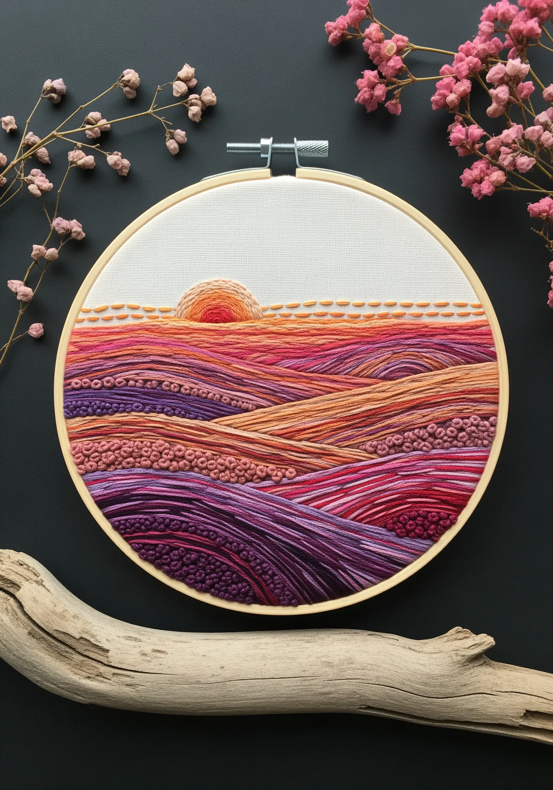 An abstract landscape embroidery with rolling hills in shades of purple, pink, and orange.