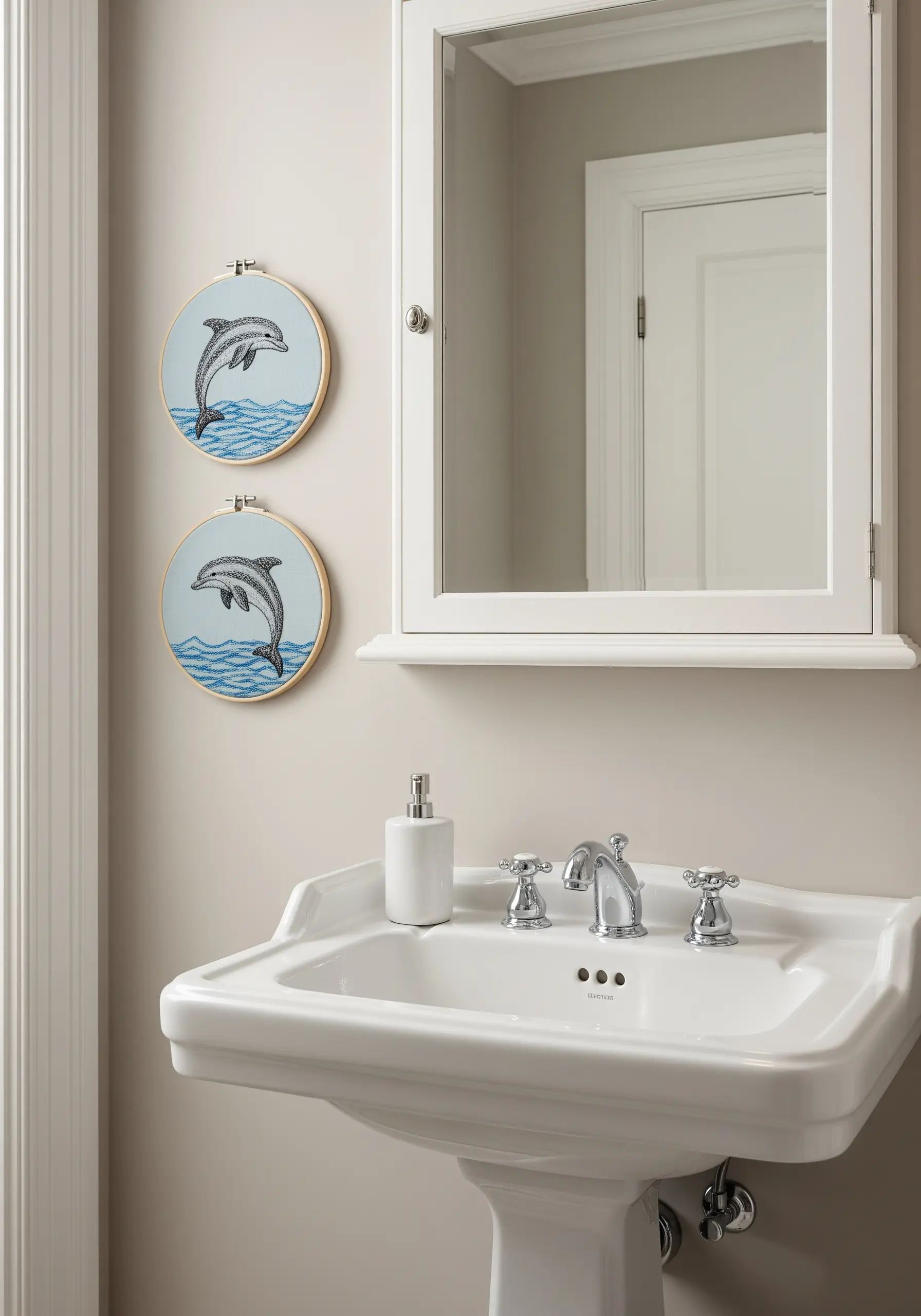 Two embroidered dolphins leaping over stylized blue waves in hoops.