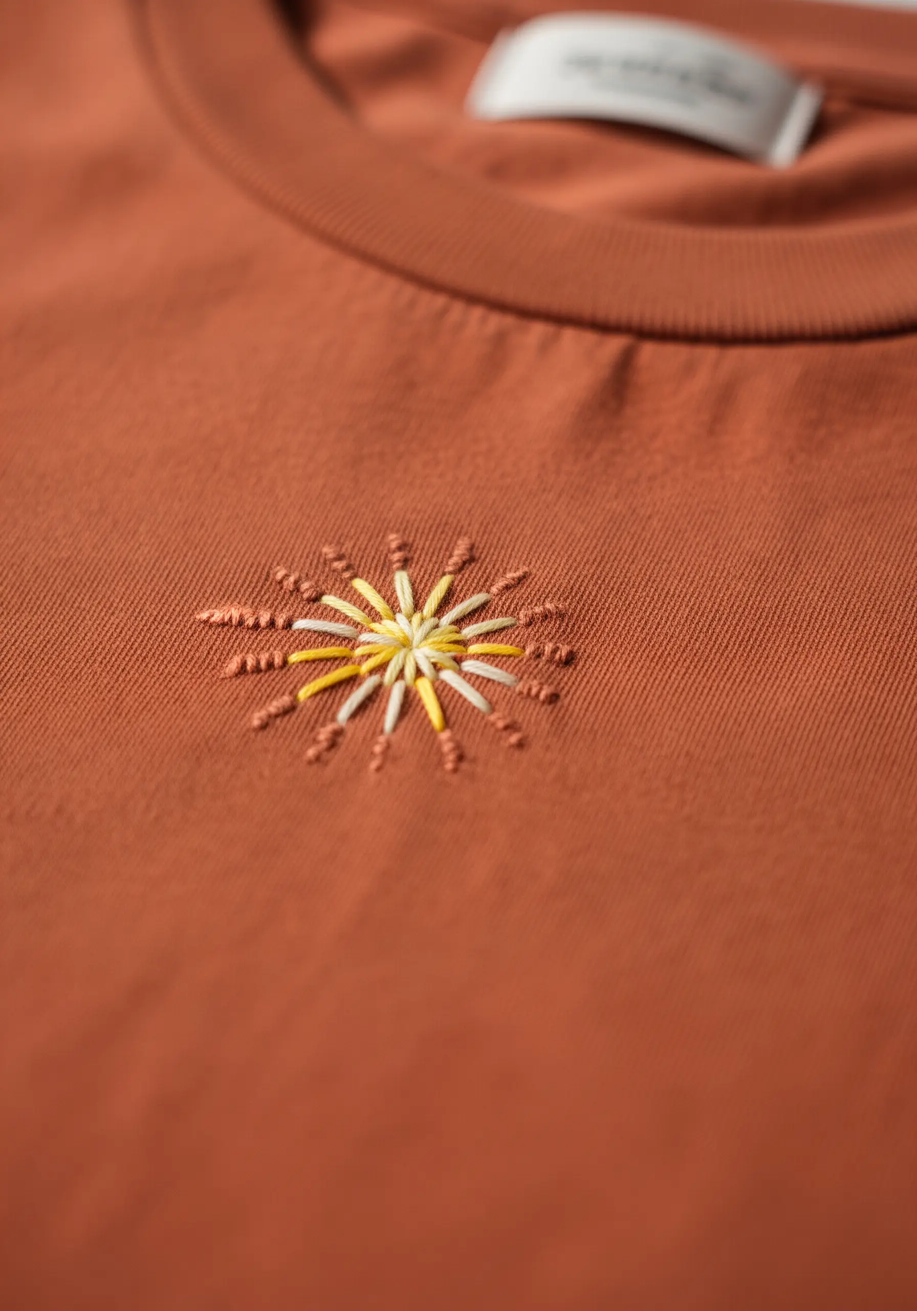 A small, stylized sunburst embroidered with white and yellow threads on a terracotta t-shirt.