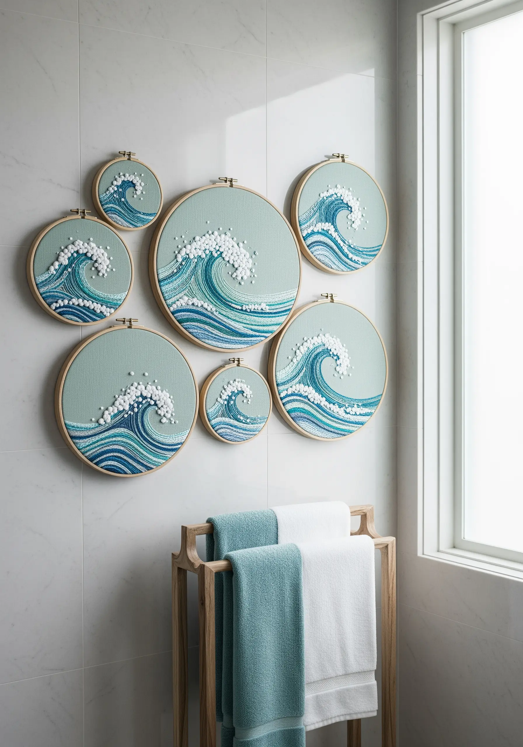 Embroidered ocean waves with textural French knot sea foam on a light blue background.
