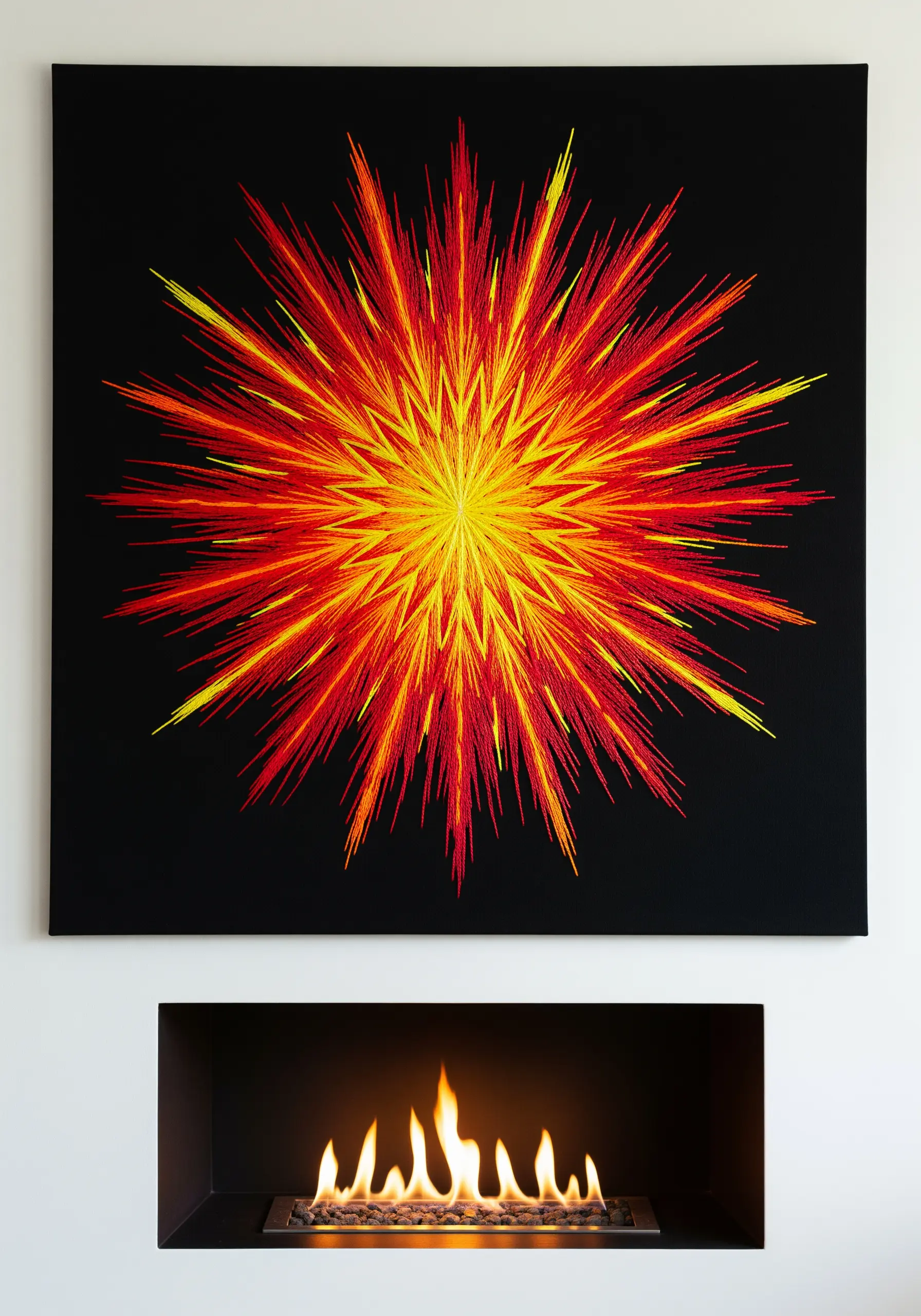 An explosive starburst mandala in red, orange, and yellow stitched on black canvas above a fireplace.