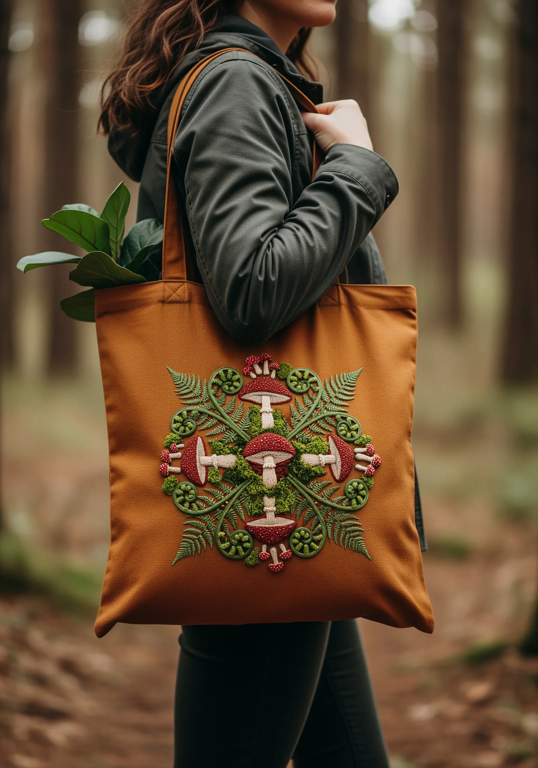 A symmetrical mandala of red-capped mushrooms and green ferns on a brown tote bag.