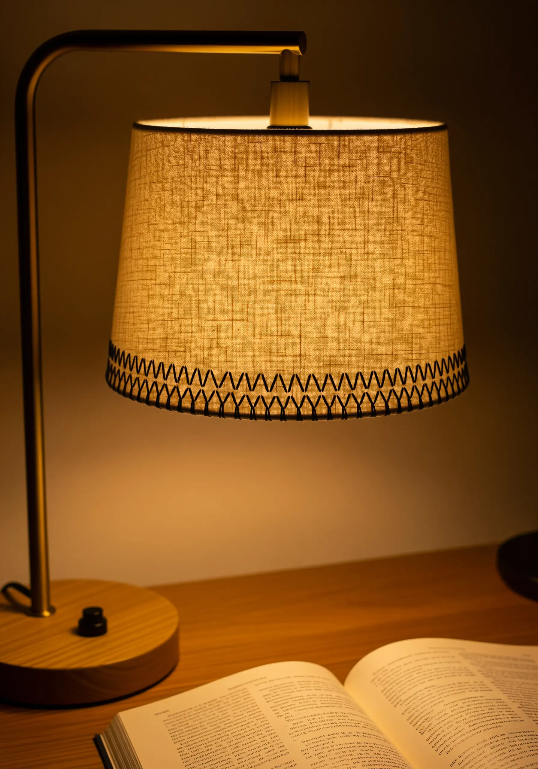 A black couching stitch border on the edge of a woven fabric lampshade