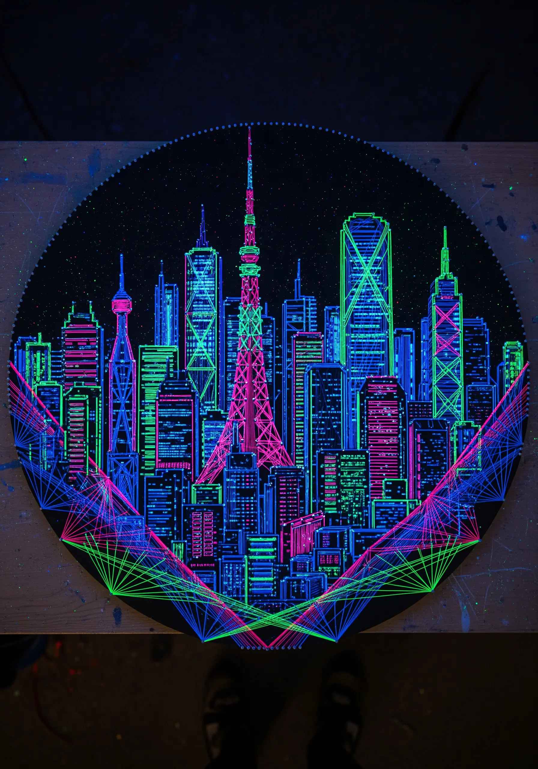Neon string art of the Tokyo skyline on a dark, circular board, glowing with bright pink and green threads.