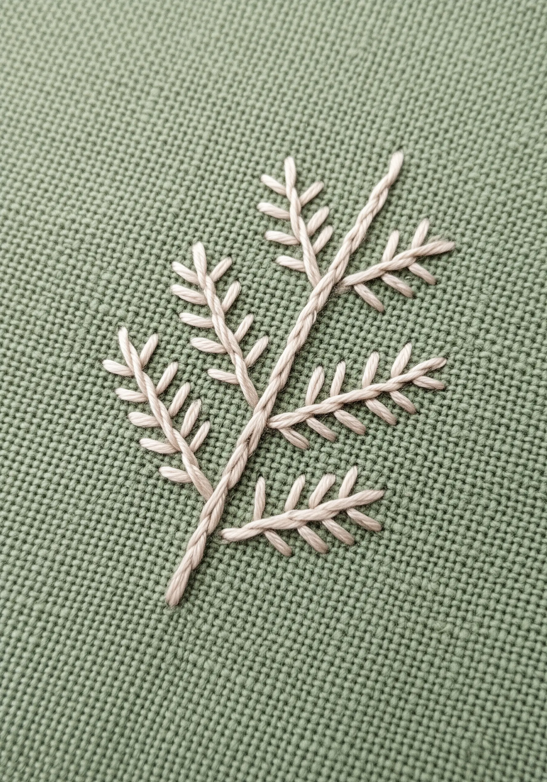 A delicate white fern leaf embroidered on green fabric using whipped and straight stitches.