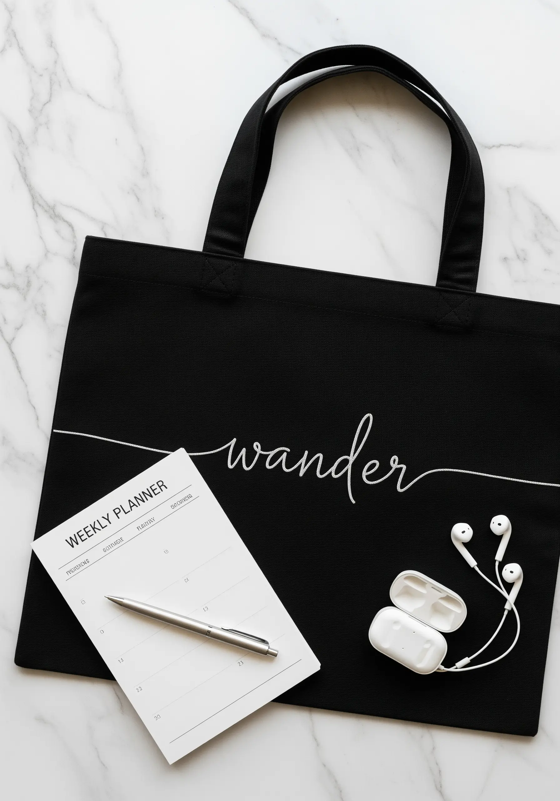The word 'wander' embroidered in a fine script on a black tote bag.