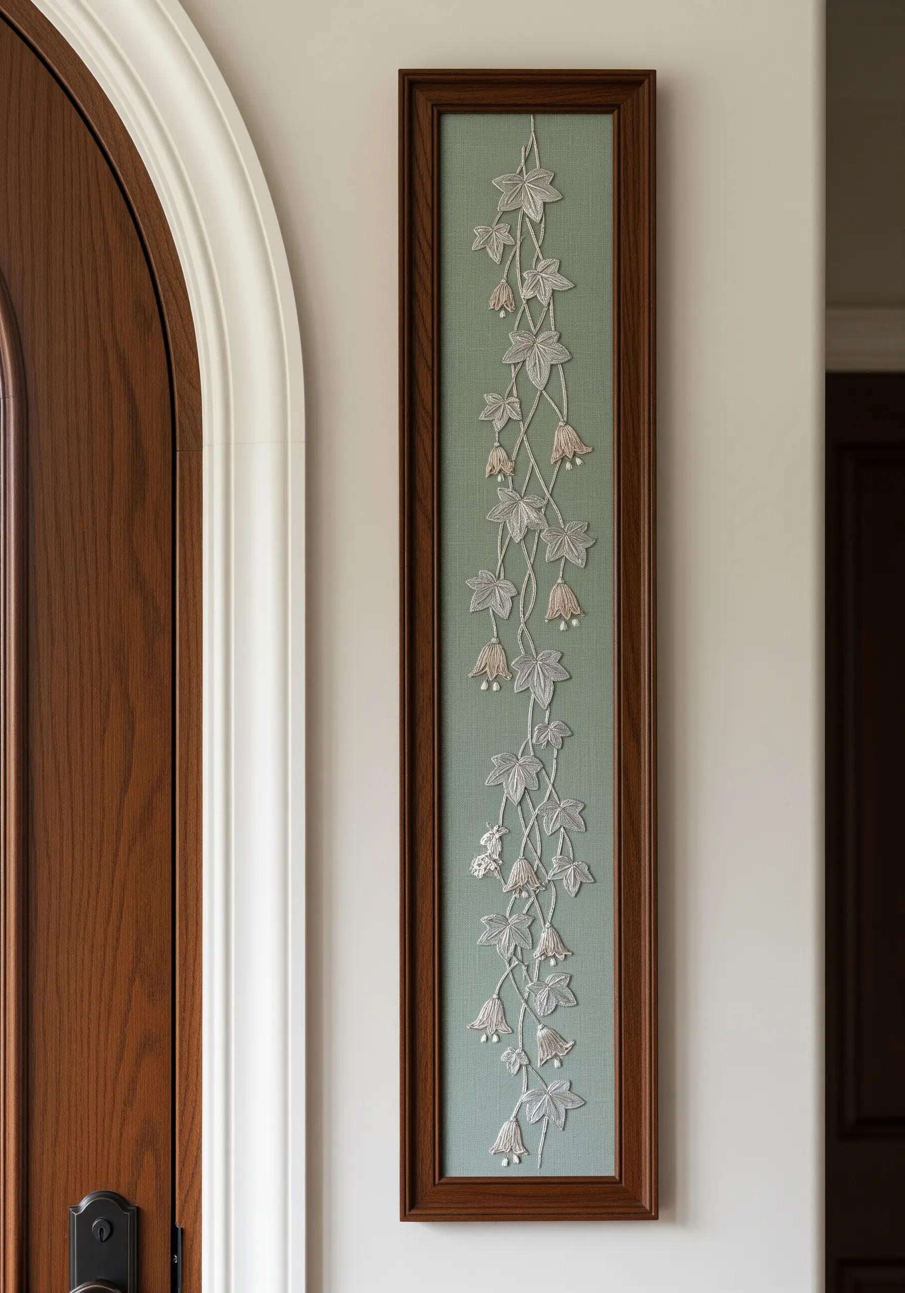 A tall, narrow embroidery of a white and grey climbing vine on muted green fabric.