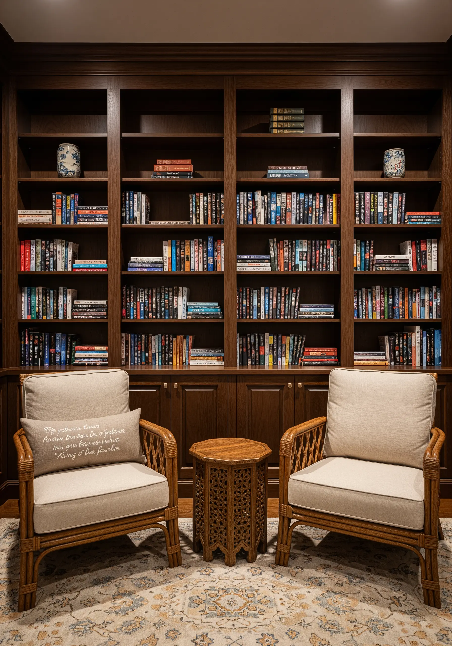 Ivory pillow on a rattan chair with a paragraph of cursive script embroidered in greige thread.