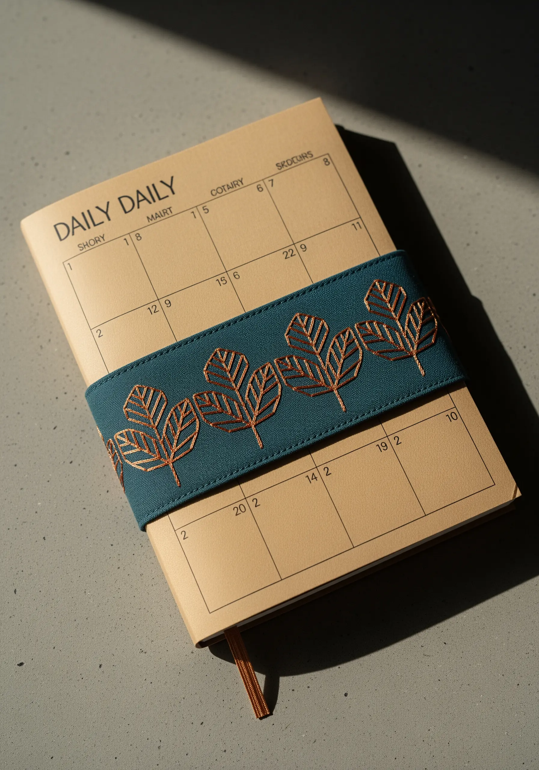 A repeating pattern of outlined leaves stitched in copper metallic thread on a teal journal band.