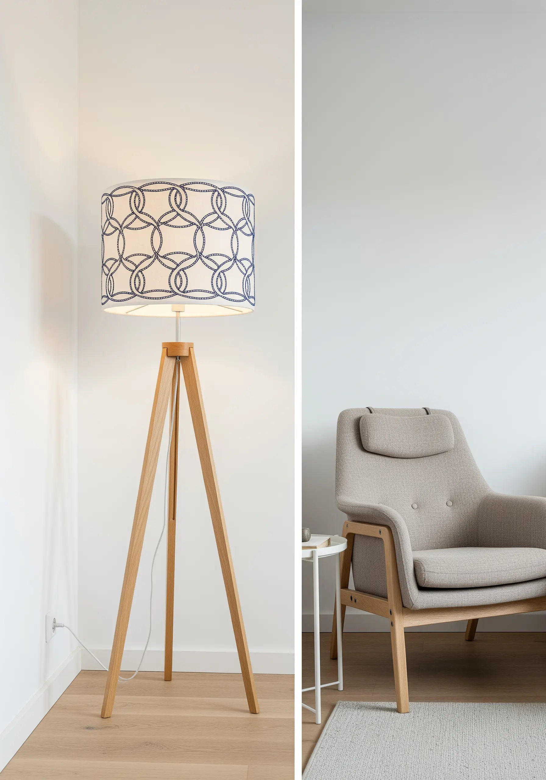 Tripod floor lamp with a drum shade embroidered with a blue rope-like pattern.