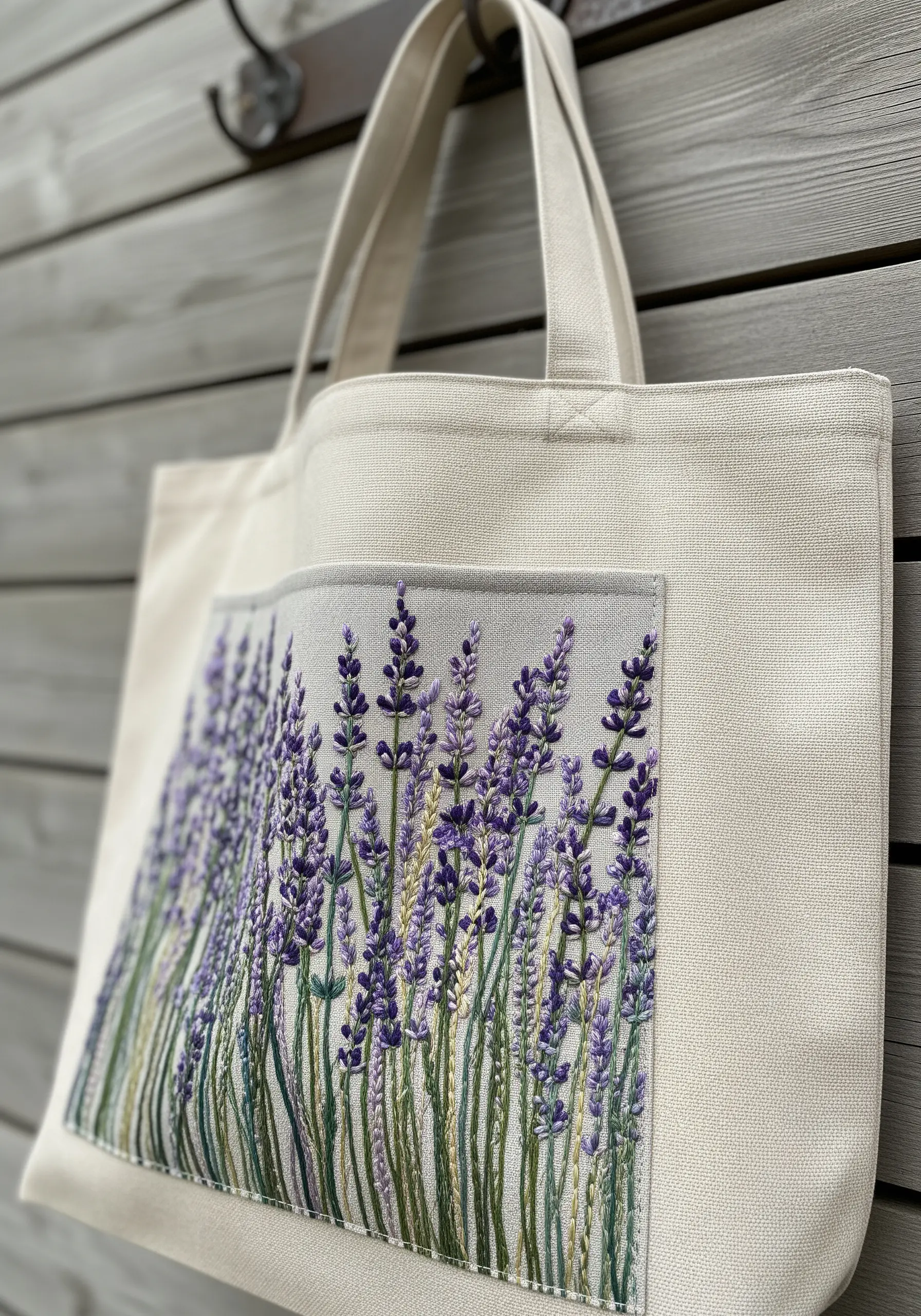 A detailed lavender field embroidered on a grey linen panel sewn onto a canvas tote bag.