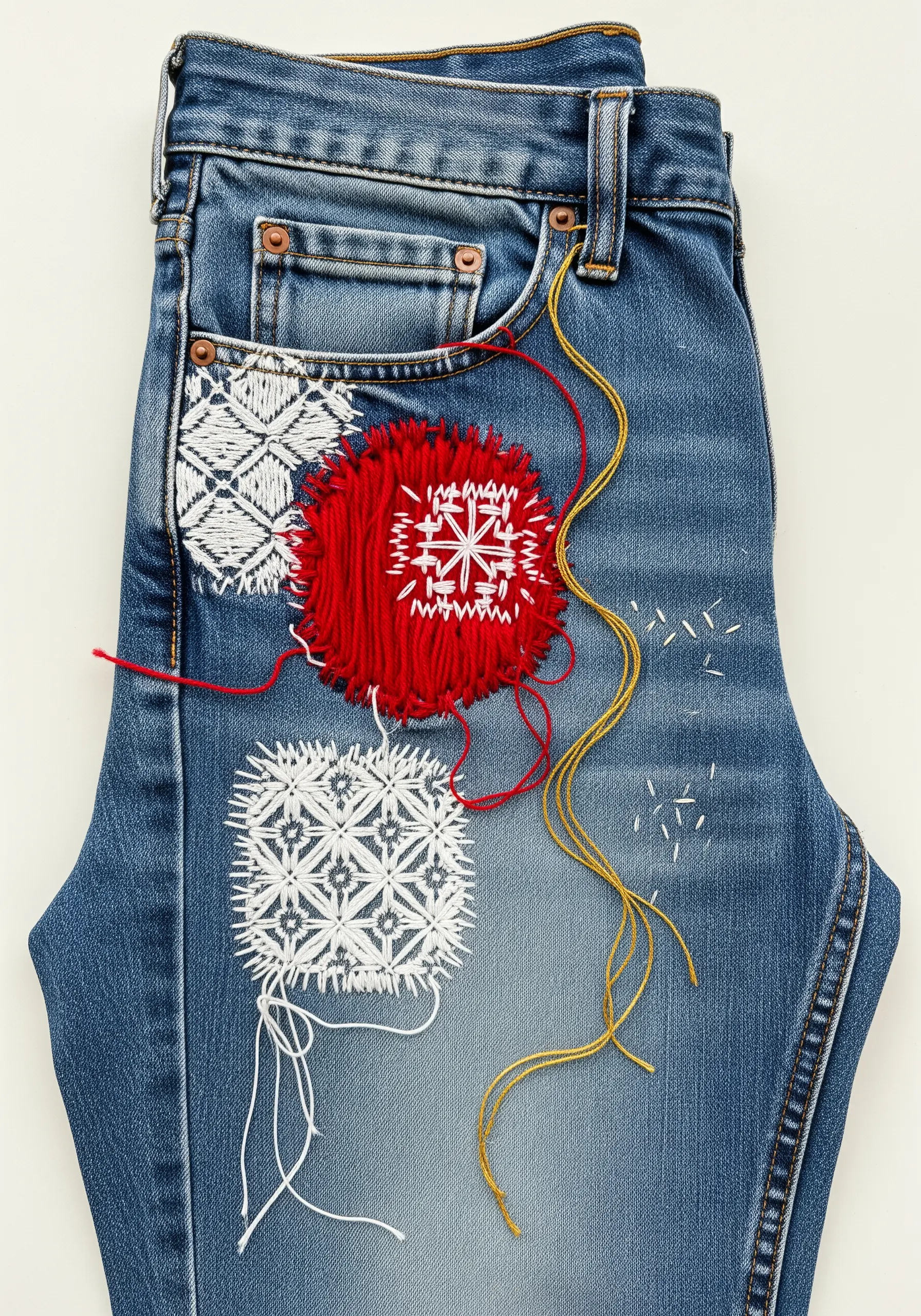 Visible mending on blue jeans with red and white sashiko-inspired embroidered patches.