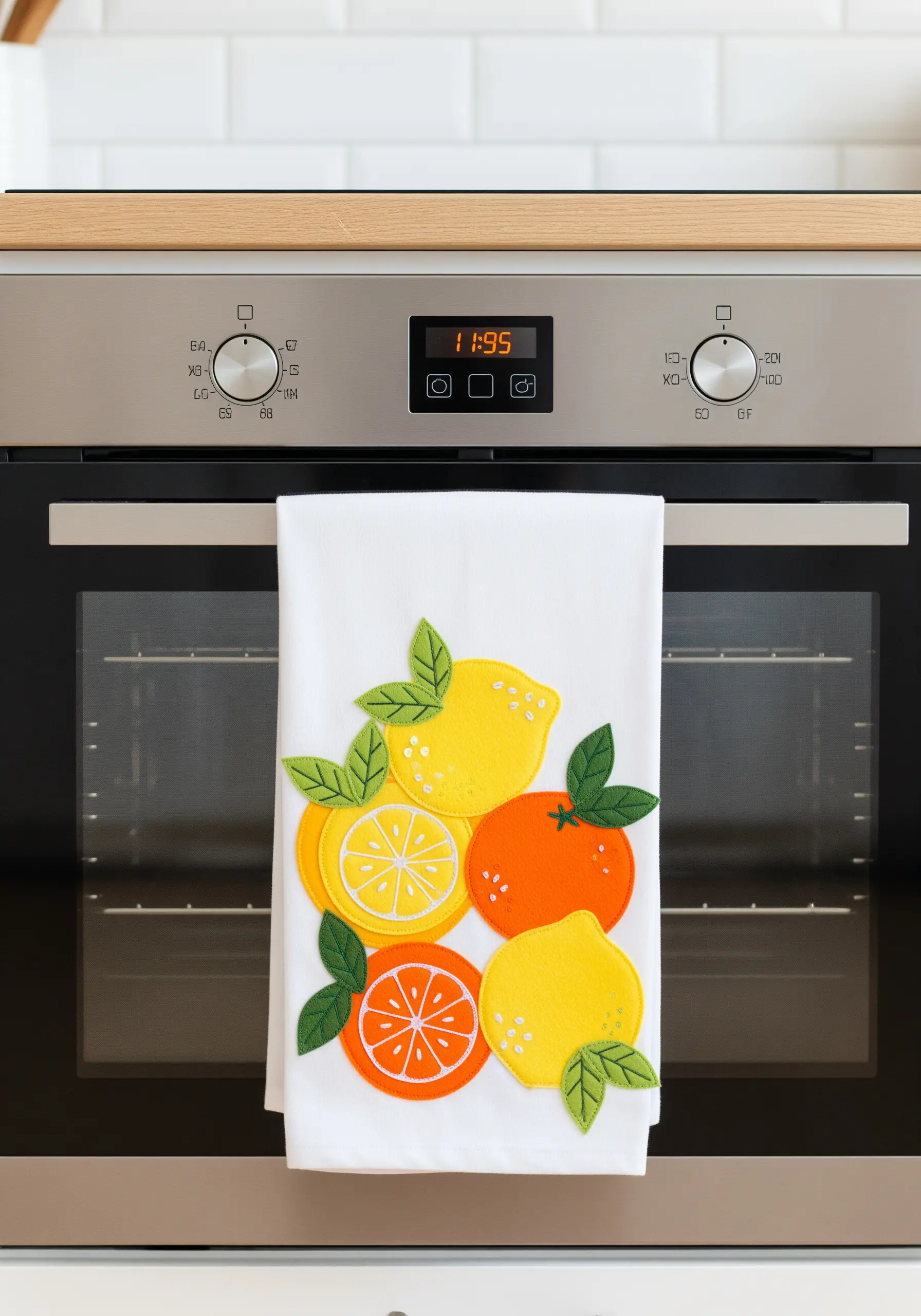 A white kitchen towel decorated with bright felt appliqué lemons and oranges.