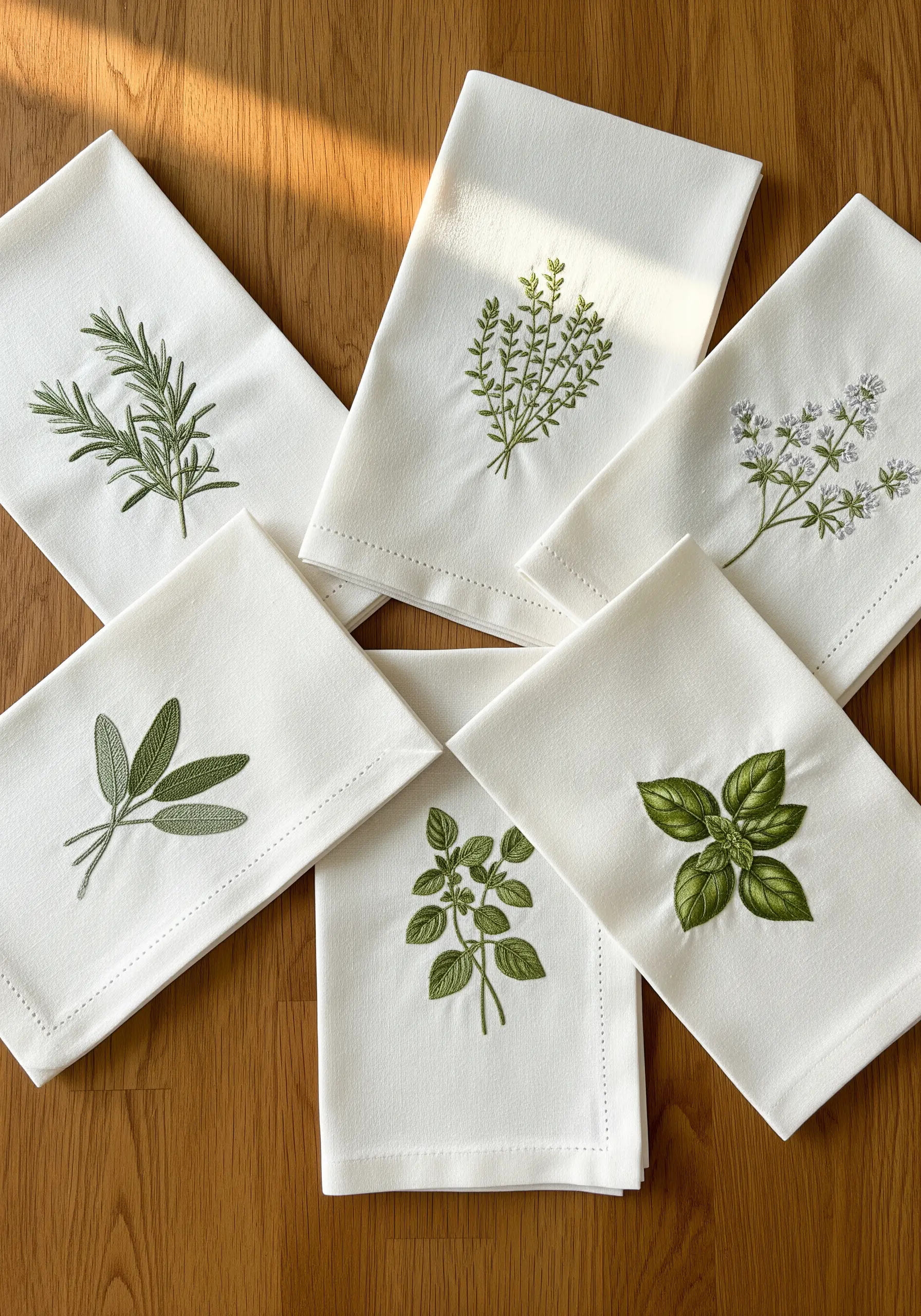 Delicately embroidered herbs like rosemary, basil, and sage on white tea towels.