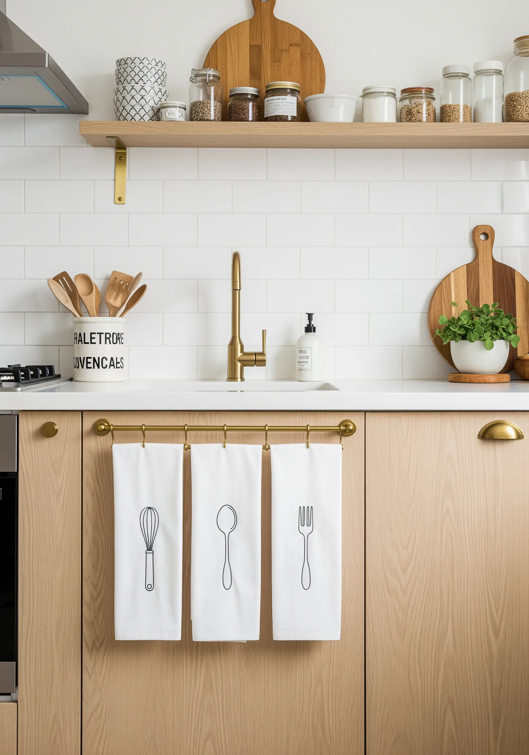Three white kitchen towels, each embroidered with a single black outline of a kitchen utensil
