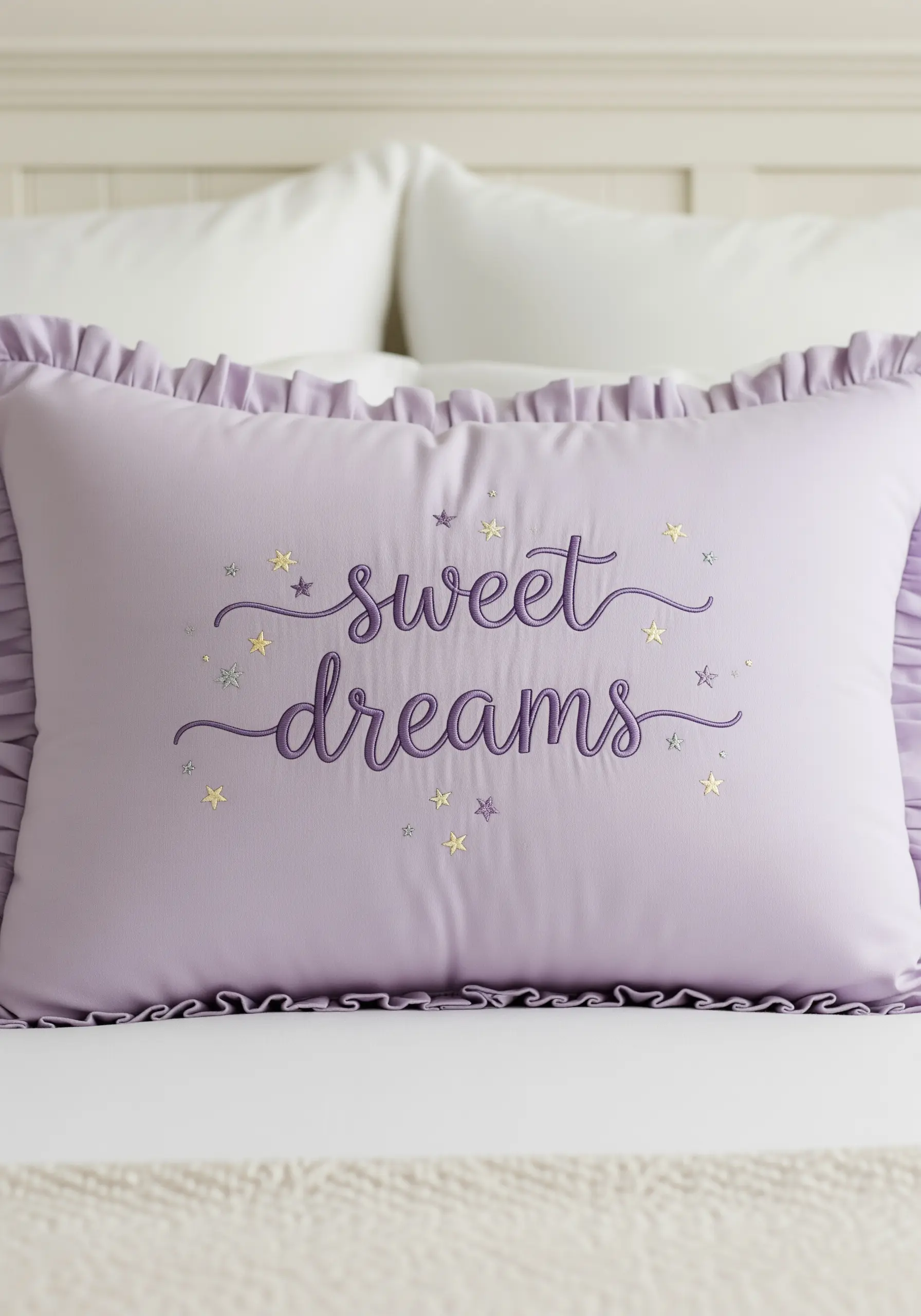 Lilac pillow with 'sweet dreams' embroidered in elegant purple script and tiny stars.