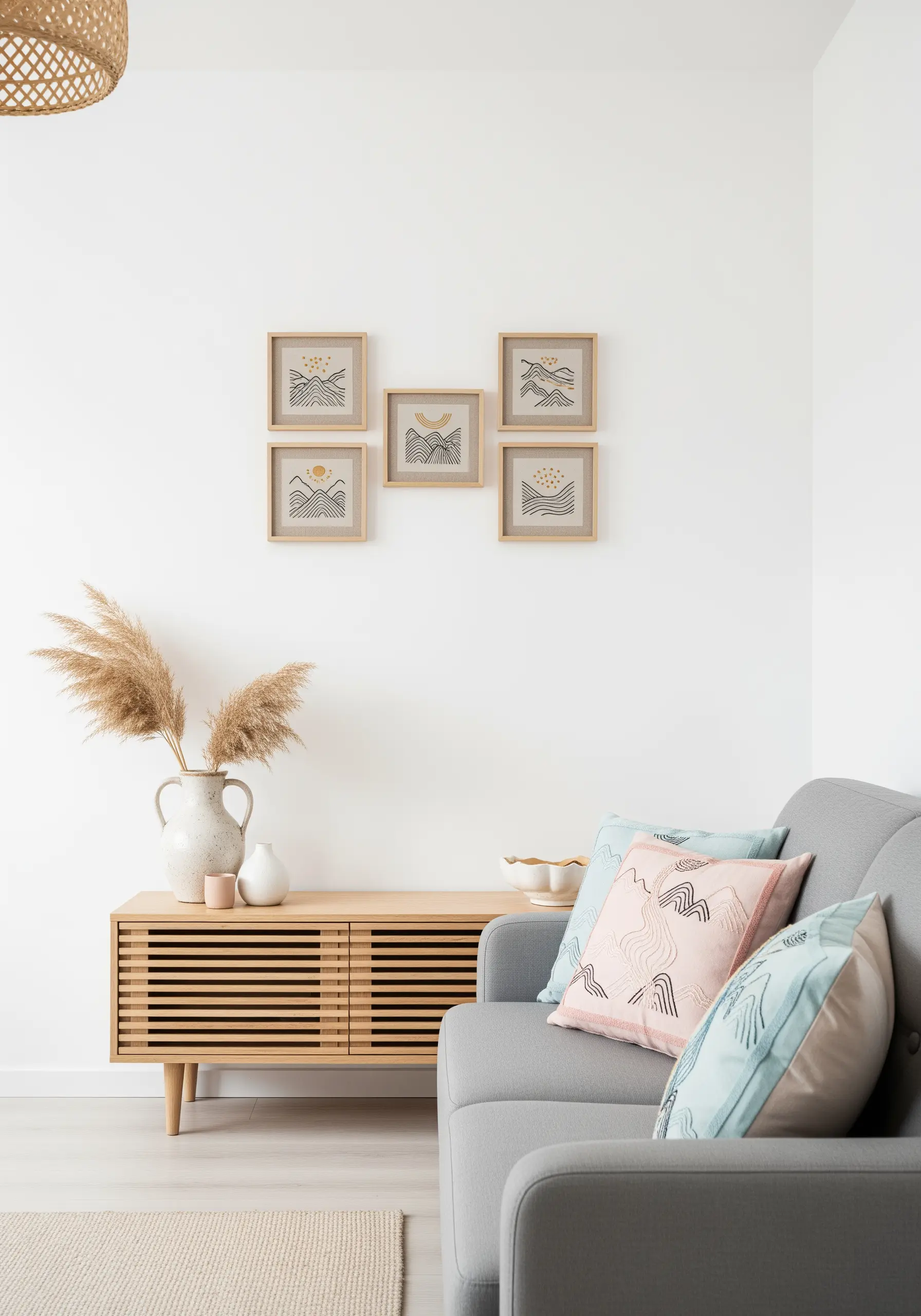 Framed minimalist embroidery of mountain landscapes with line art details.