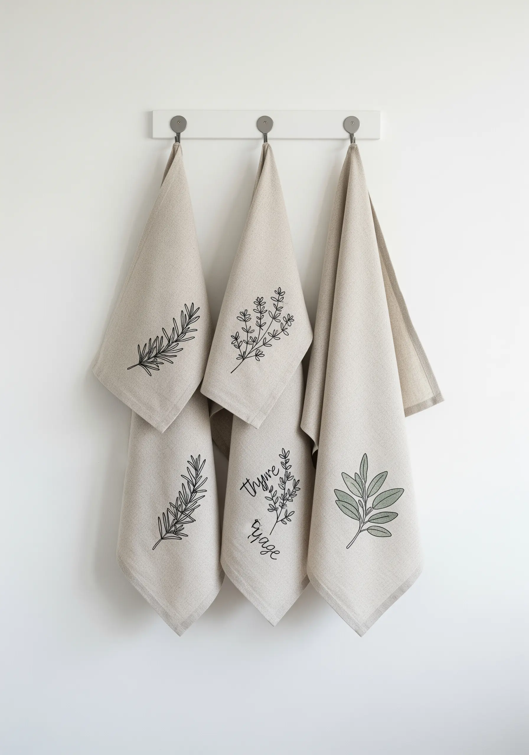 Minimalist black-thread embroidery of herbs like rosemary and thyme on natural linen kitchen towels.