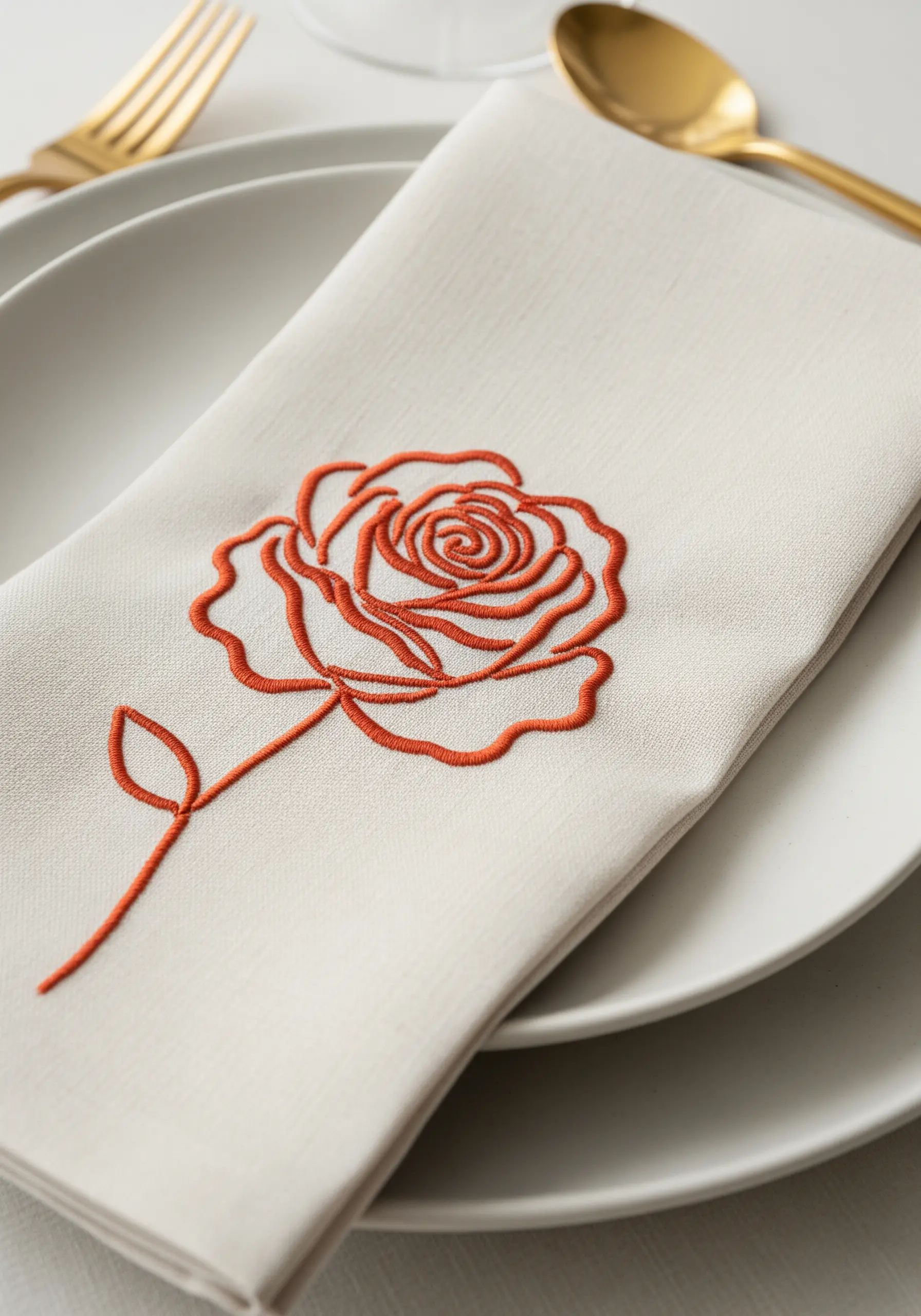 Minimalist single-line rose embroidered in orange thread on a white napkin.