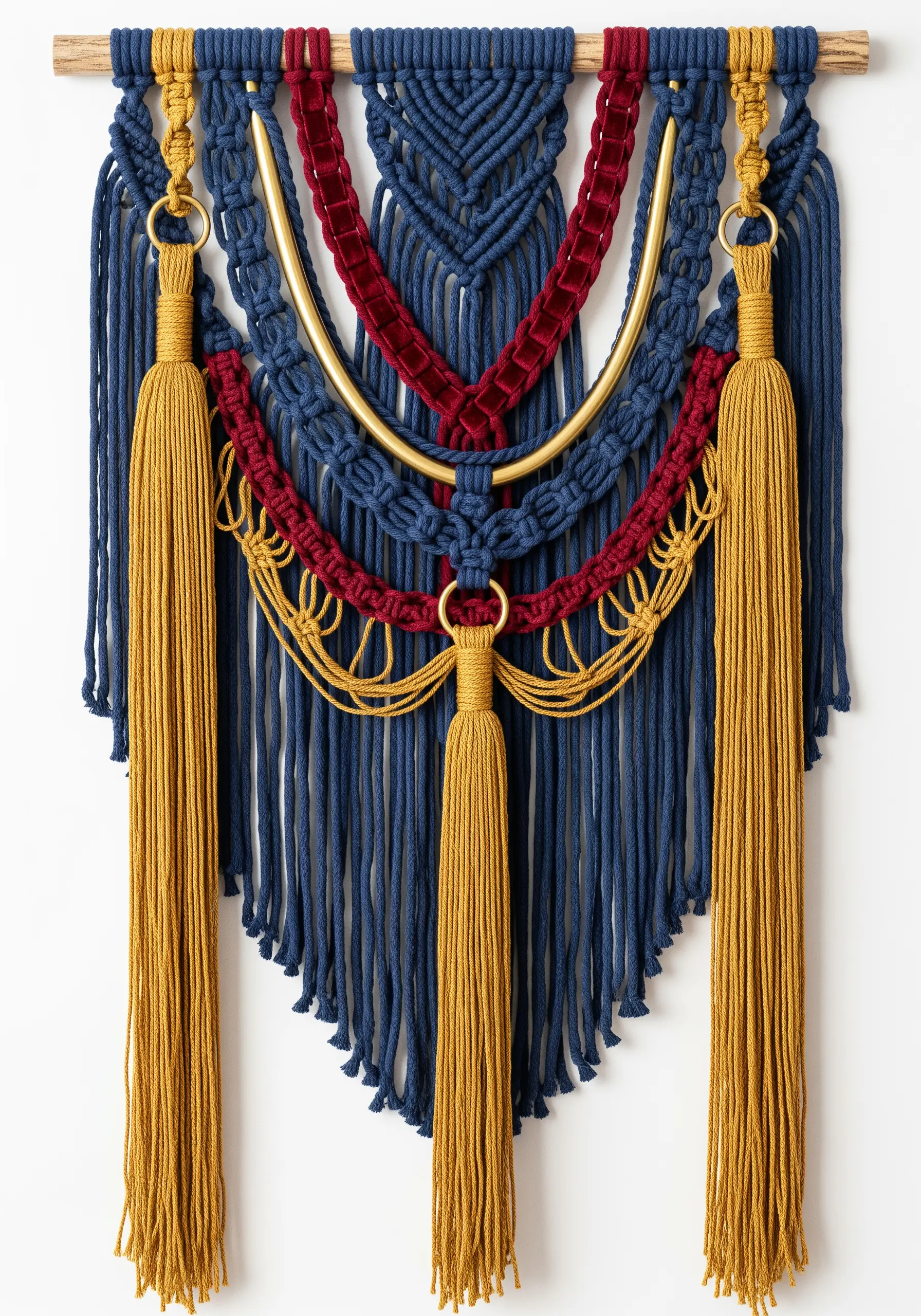 Symmetrical macrame wall hanging in navy, gold, and crimson with velvet ribbon and brass hardware.