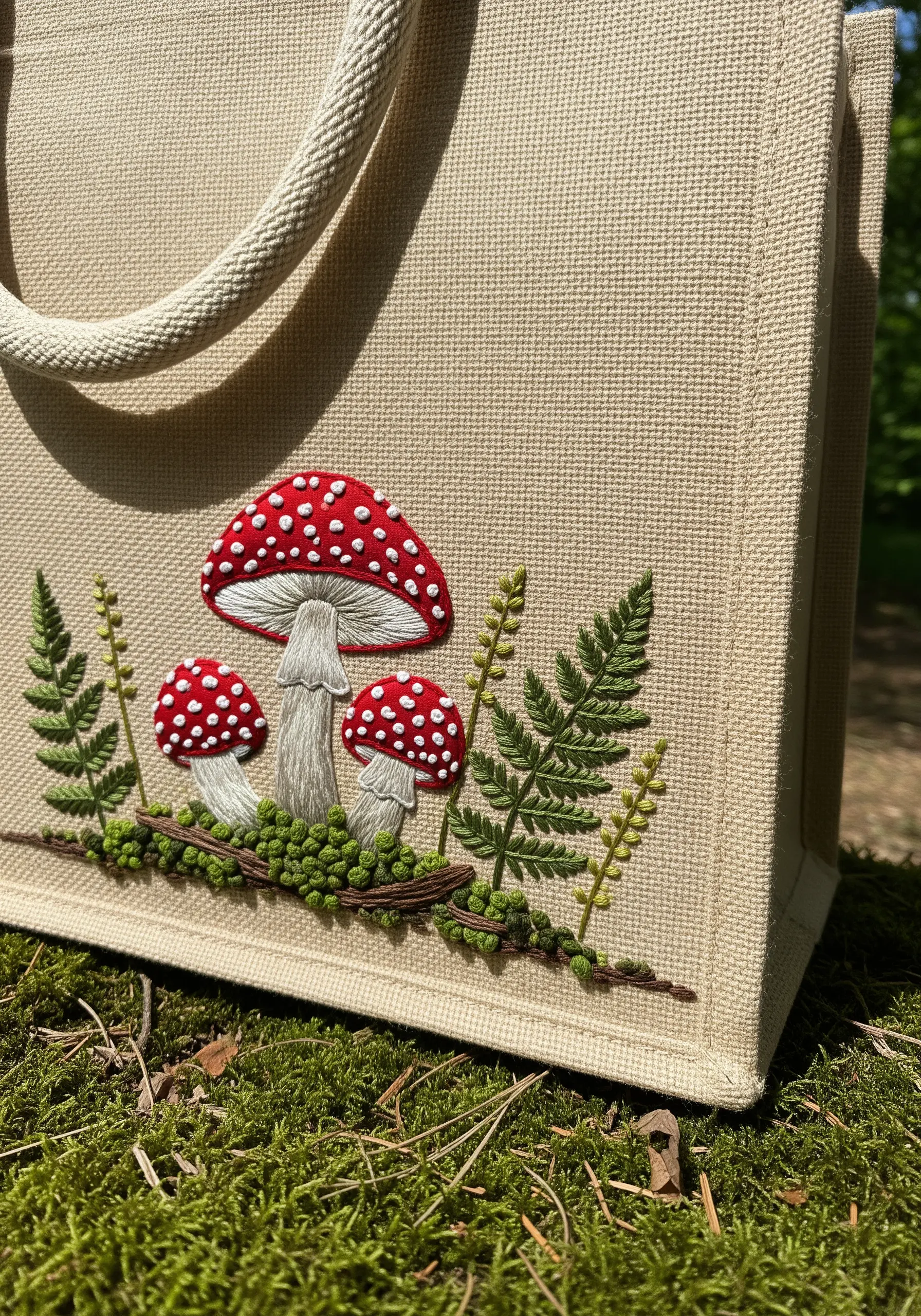 Embroidered red toadstool mushrooms with ferns on a burlap tote bag