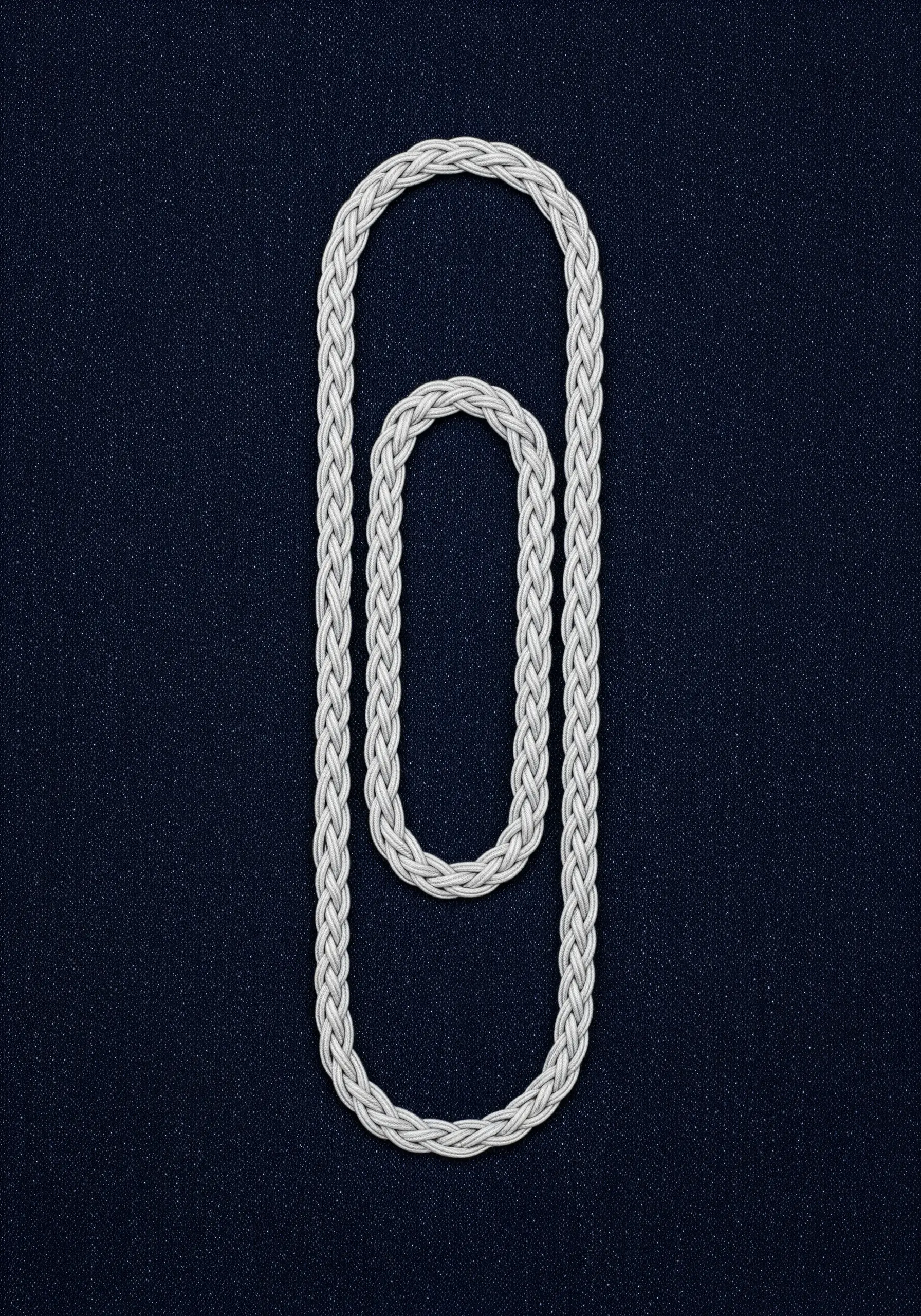 A single paperclip embroidered with a thick, silver plaited braid stitch on dark denim.