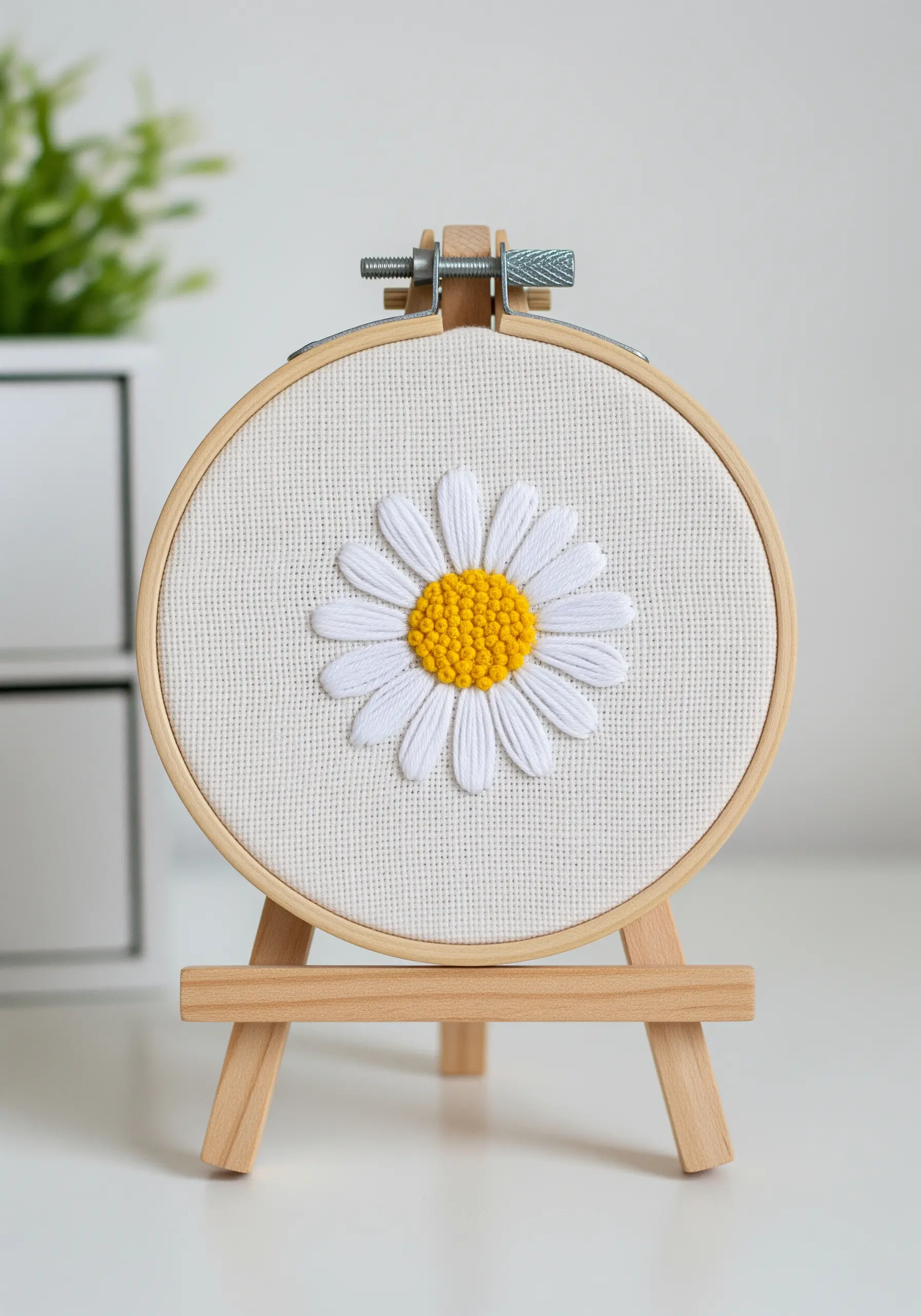A single embroidered daisy with white satin stitch petals and a yellow French knot center.