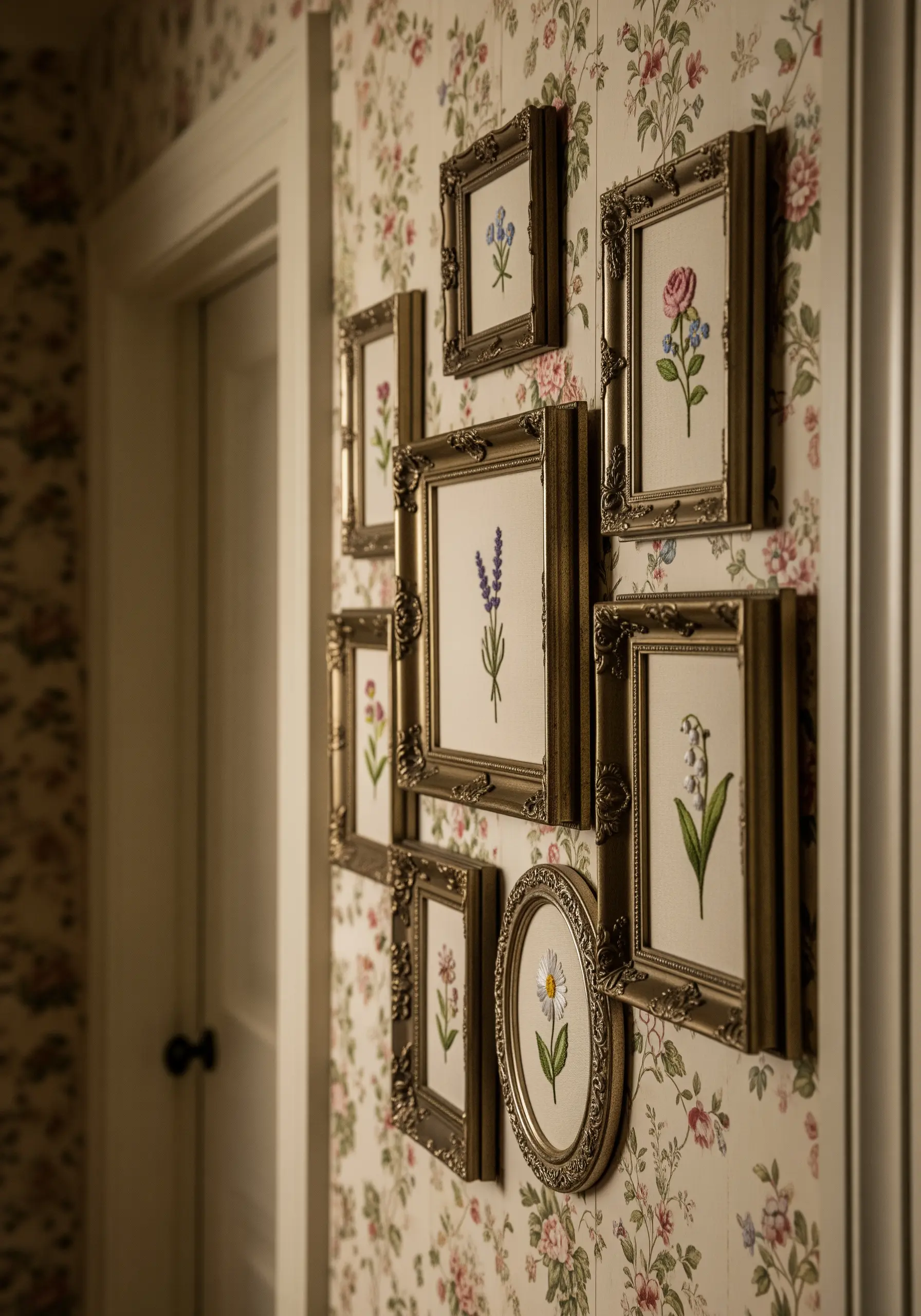 A gallery wall of small, simple floral embroideries in ornate gold frames.