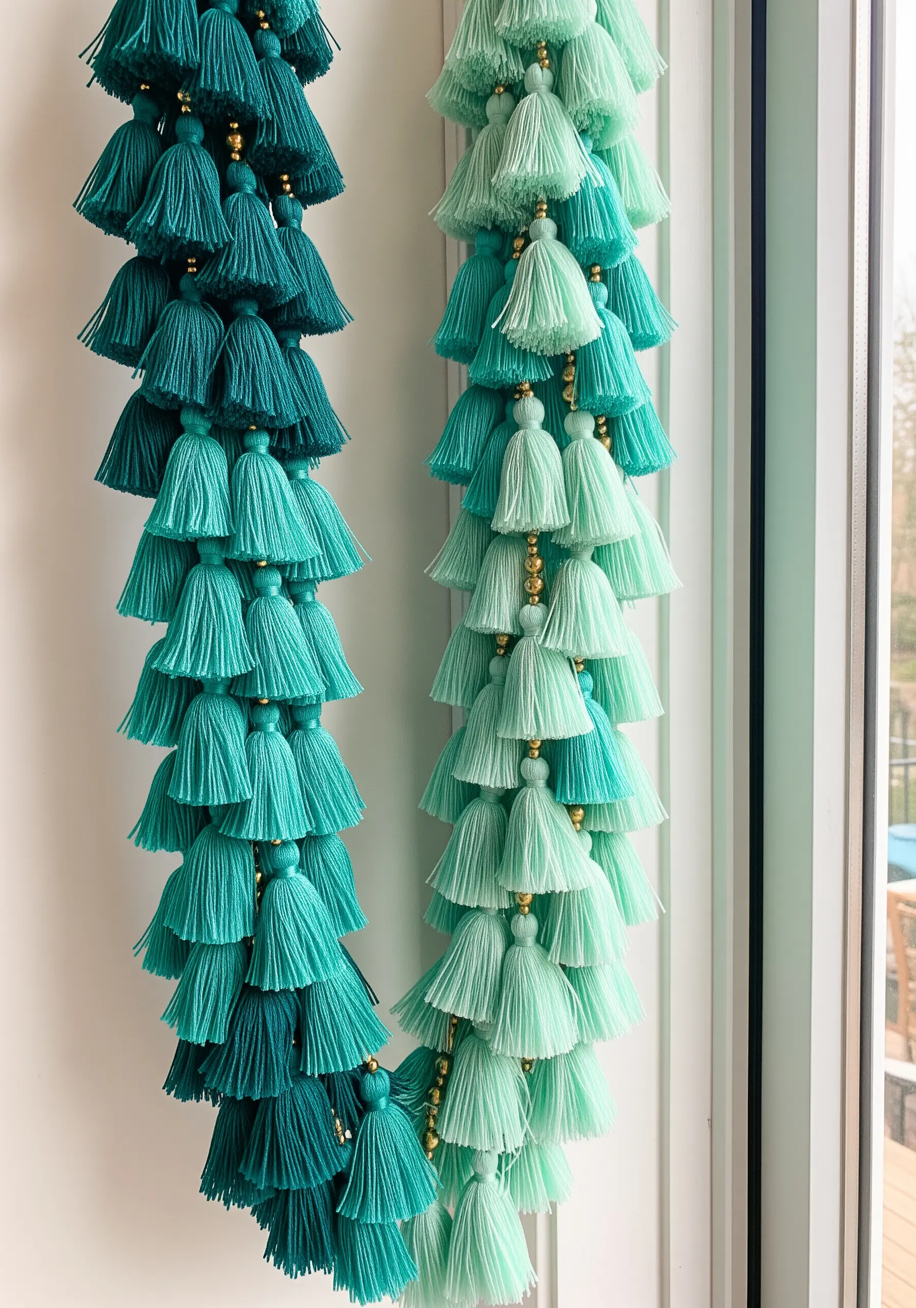 Two dense tassel garlands hanging vertically, one in shades of teal and one in mint green.
