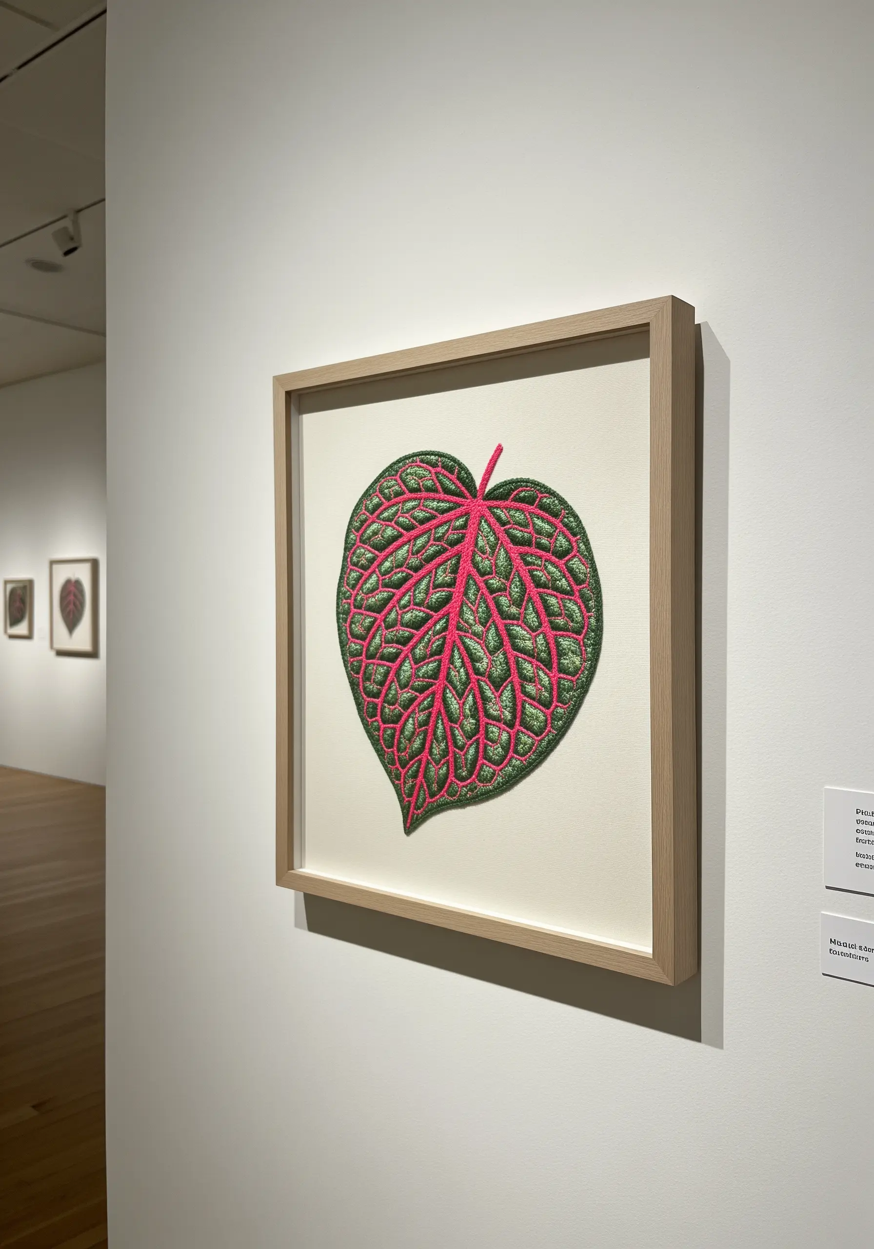 A highly detailed embroidery of a pink and green leaf, professionally framed and hung on a gallery wall.
