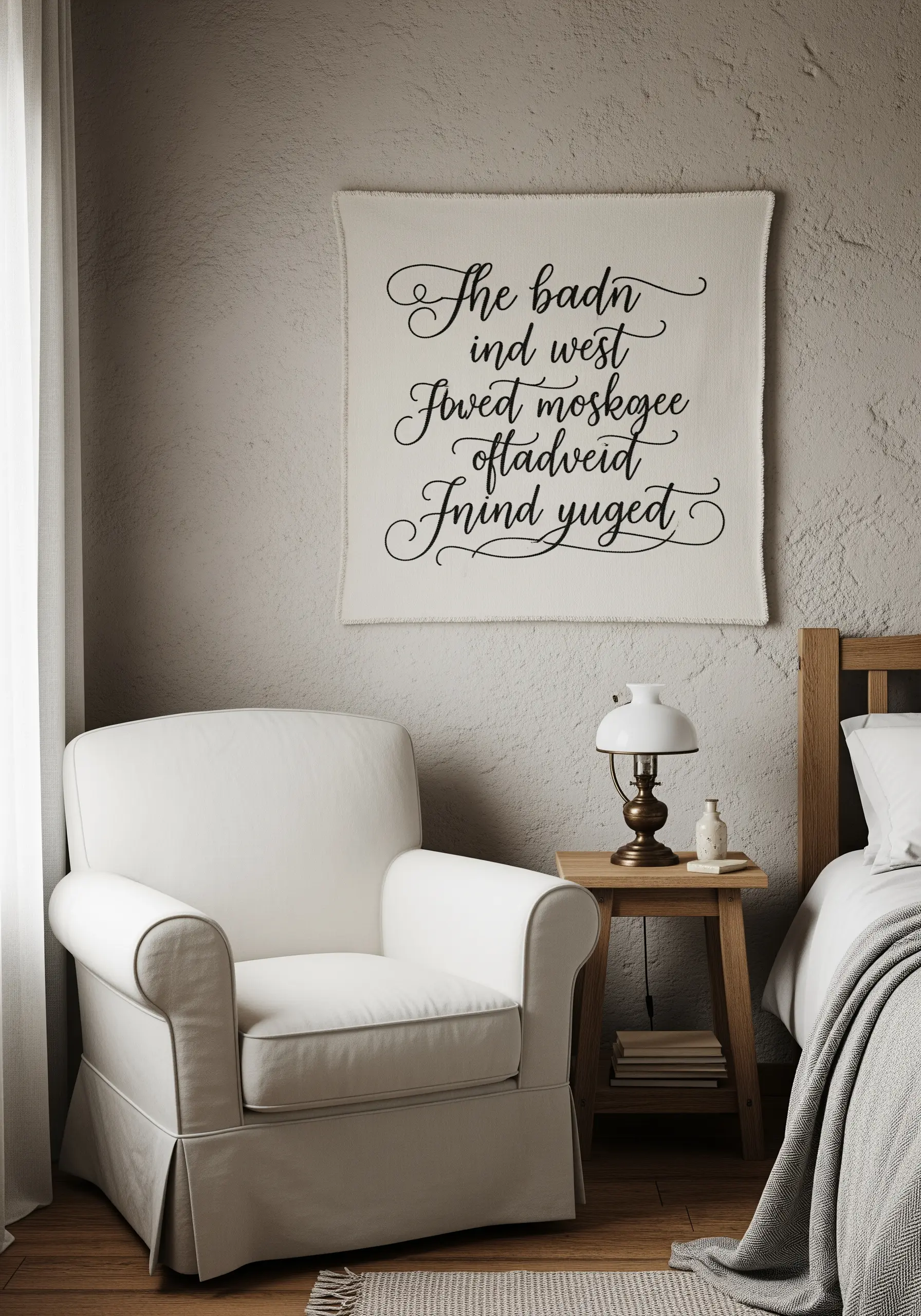 A hanging canvas with embroidered calligraphy in a rustic bedroom setting.