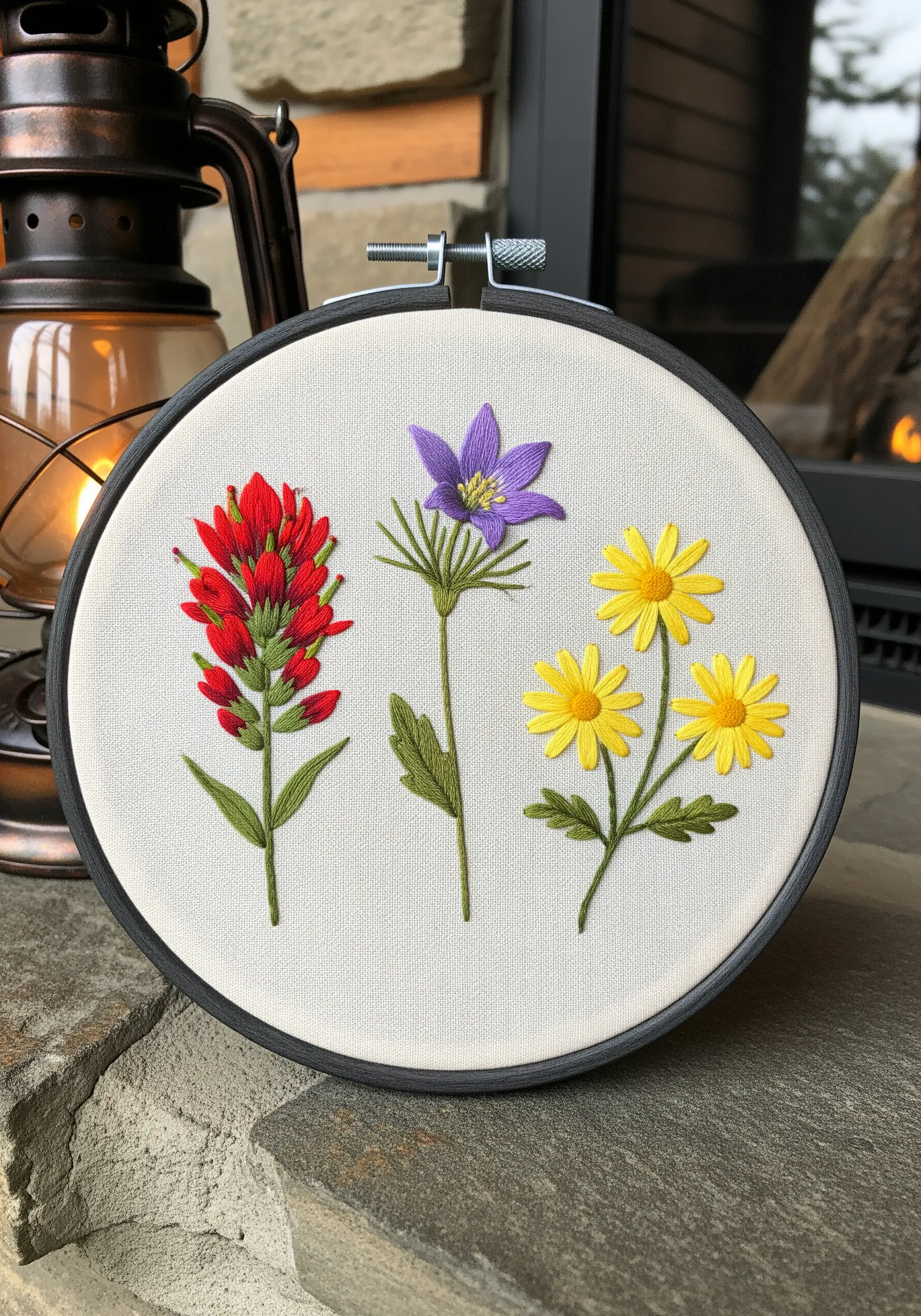 Embroidered wildflowers, one with raised purple petals that create a 3D effect.