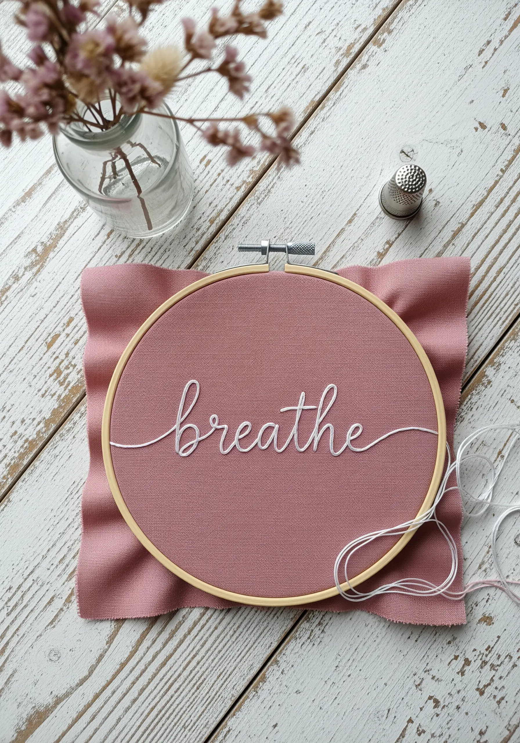 The word 'breathe' embroidered in white cursive script on dusty rose fabric.