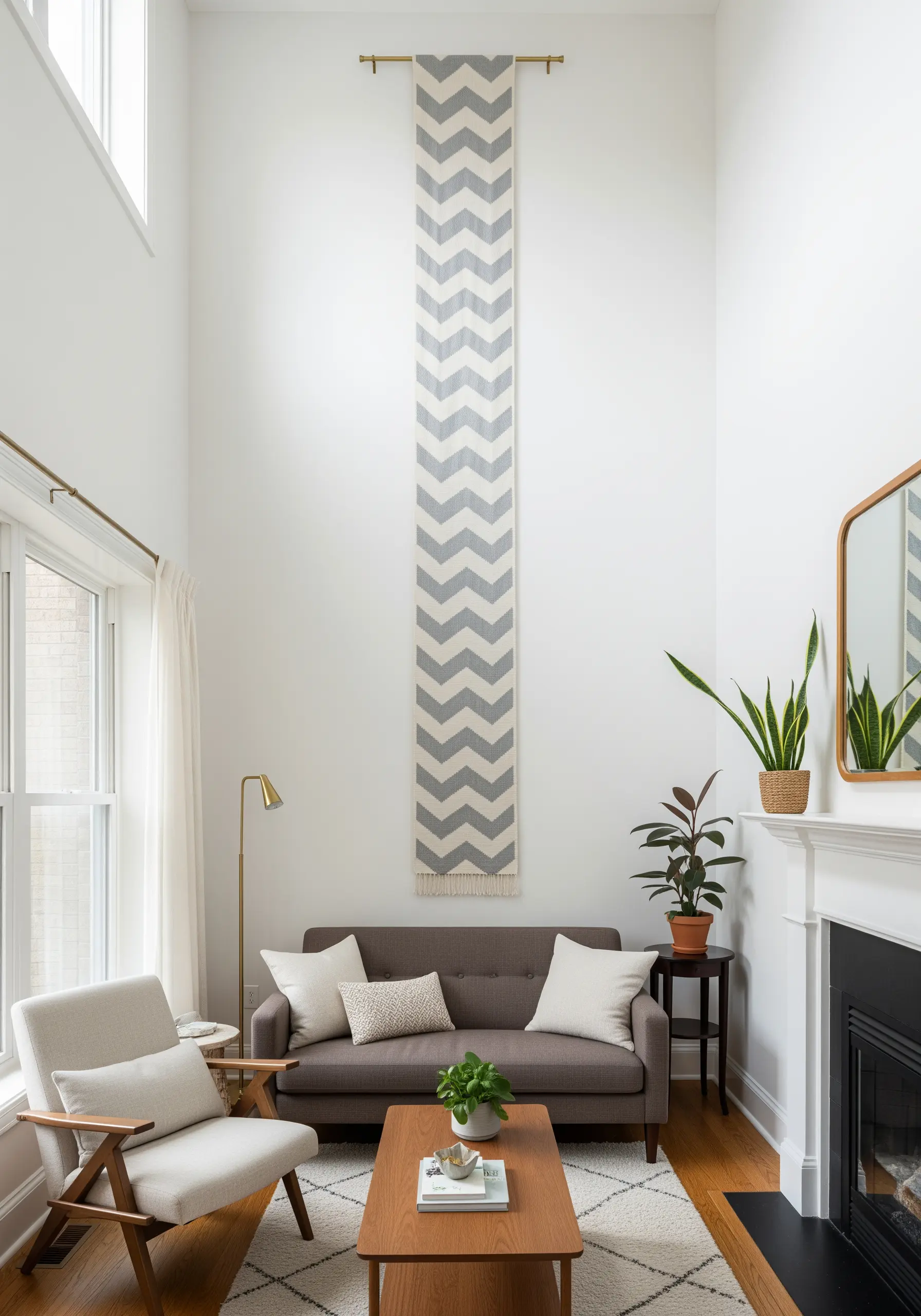 A very long, narrow wall hanging with a gray and white chevron pattern in a room with high ceilings.