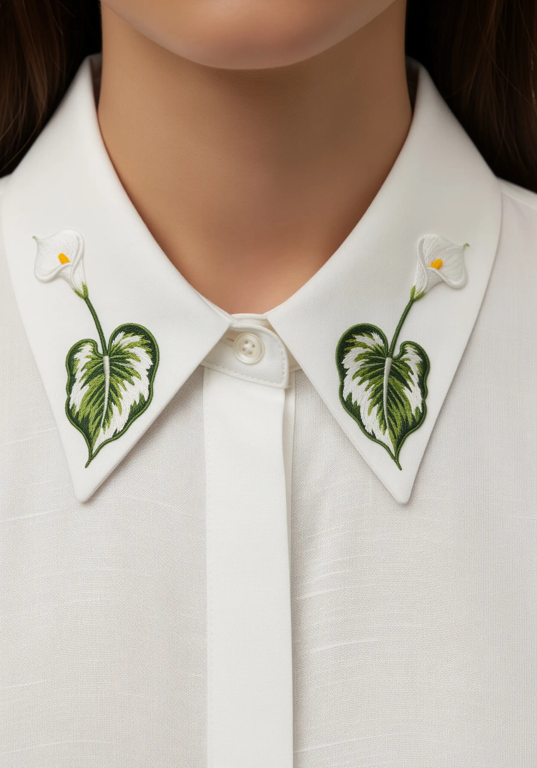 Symmetrical embroidery of Calla Lilies and variegated leaves on the collar points of a white shirt.