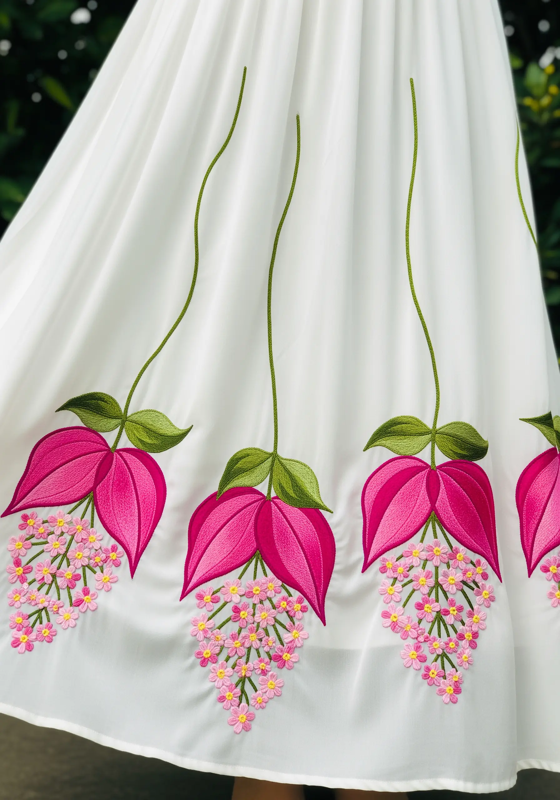 A repeating pattern of pink hanging flowers embroidered along the hem of a white skirt.