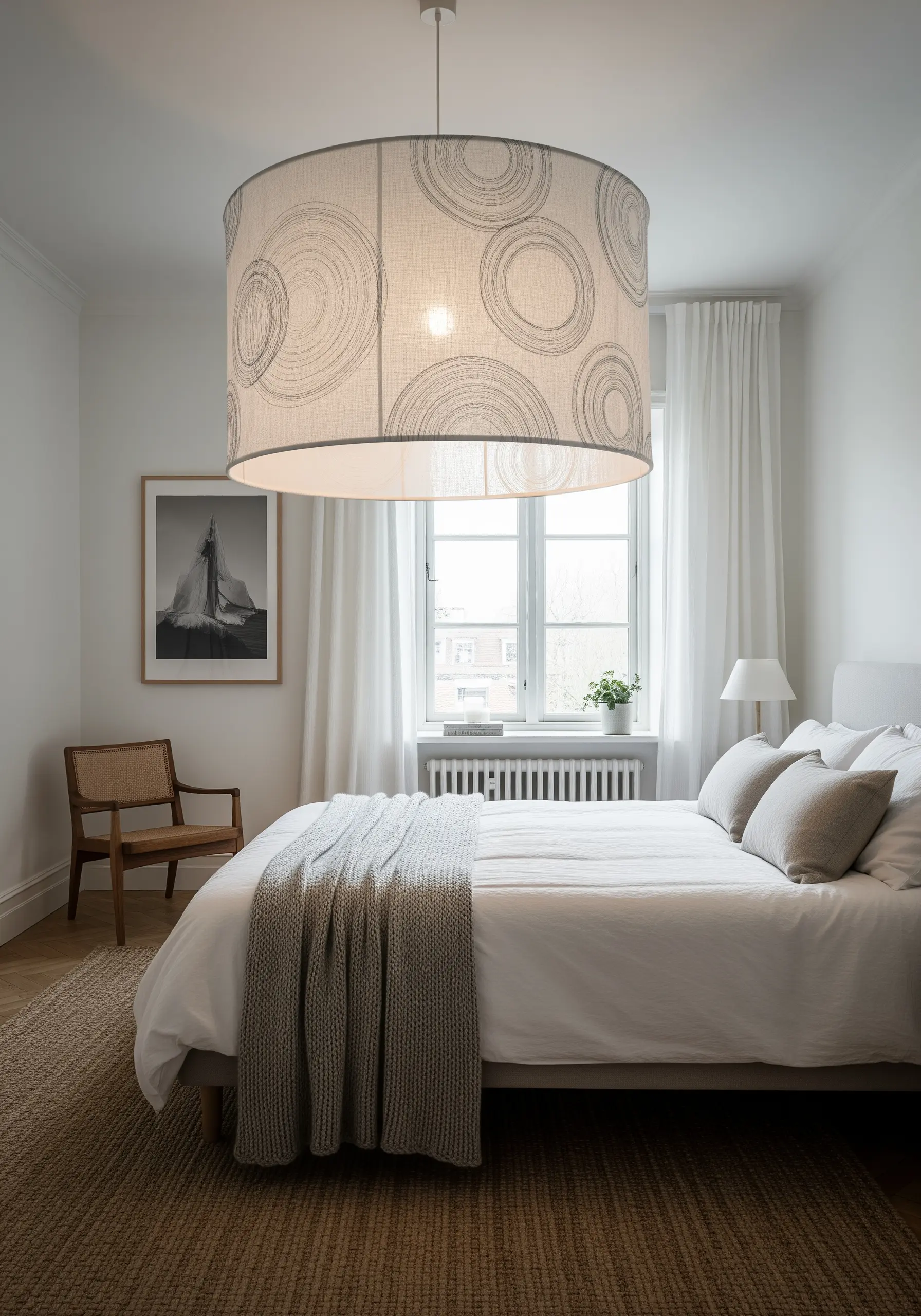 A large drum lampshade with a hand-embroidered pattern of concentric, sketchy circles.