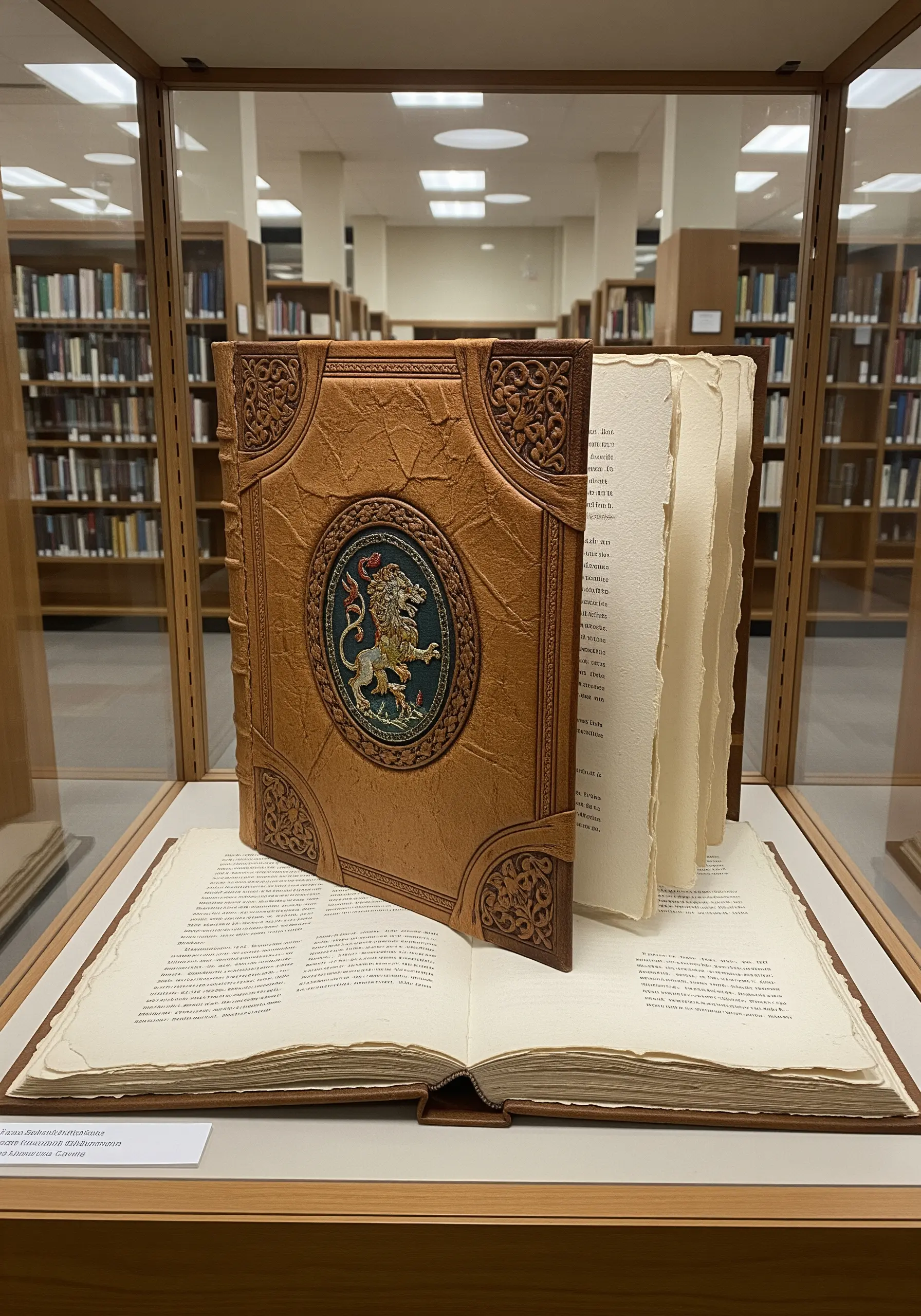 A vintage leather-bound book with a circular embroidered crest of a lion on the cover.