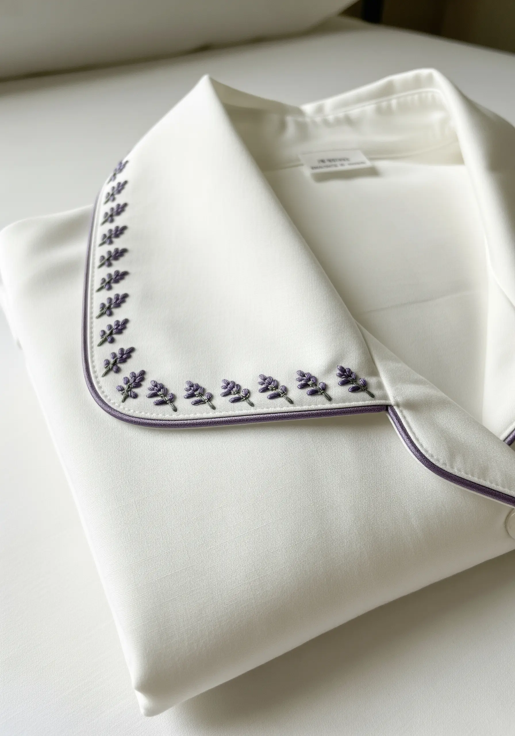 A delicate border of tiny lavender sprigs embroidered along a white pajama collar.