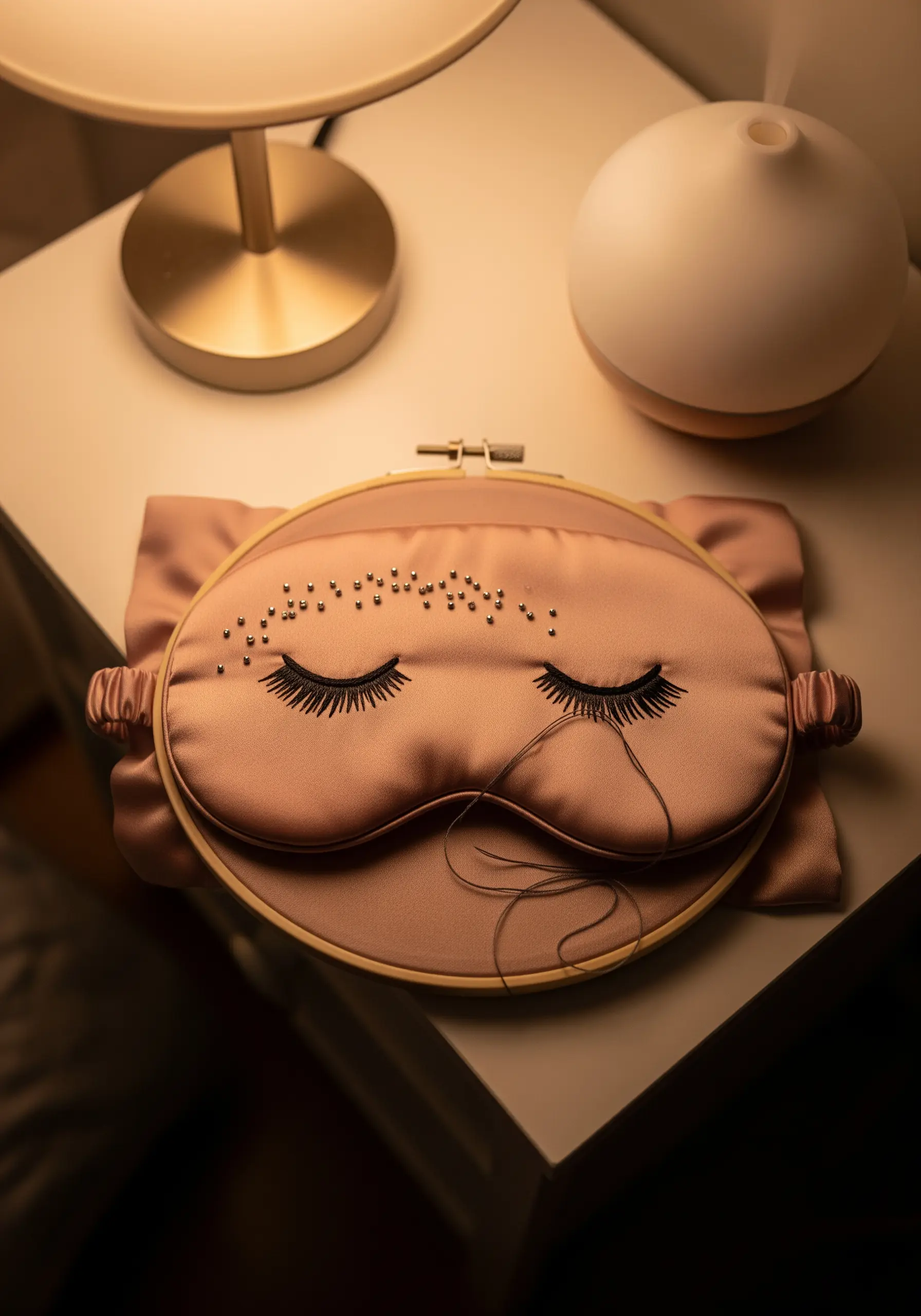 A pink silk sleep mask being embellished with embroidered eyelashes and tiny beads.