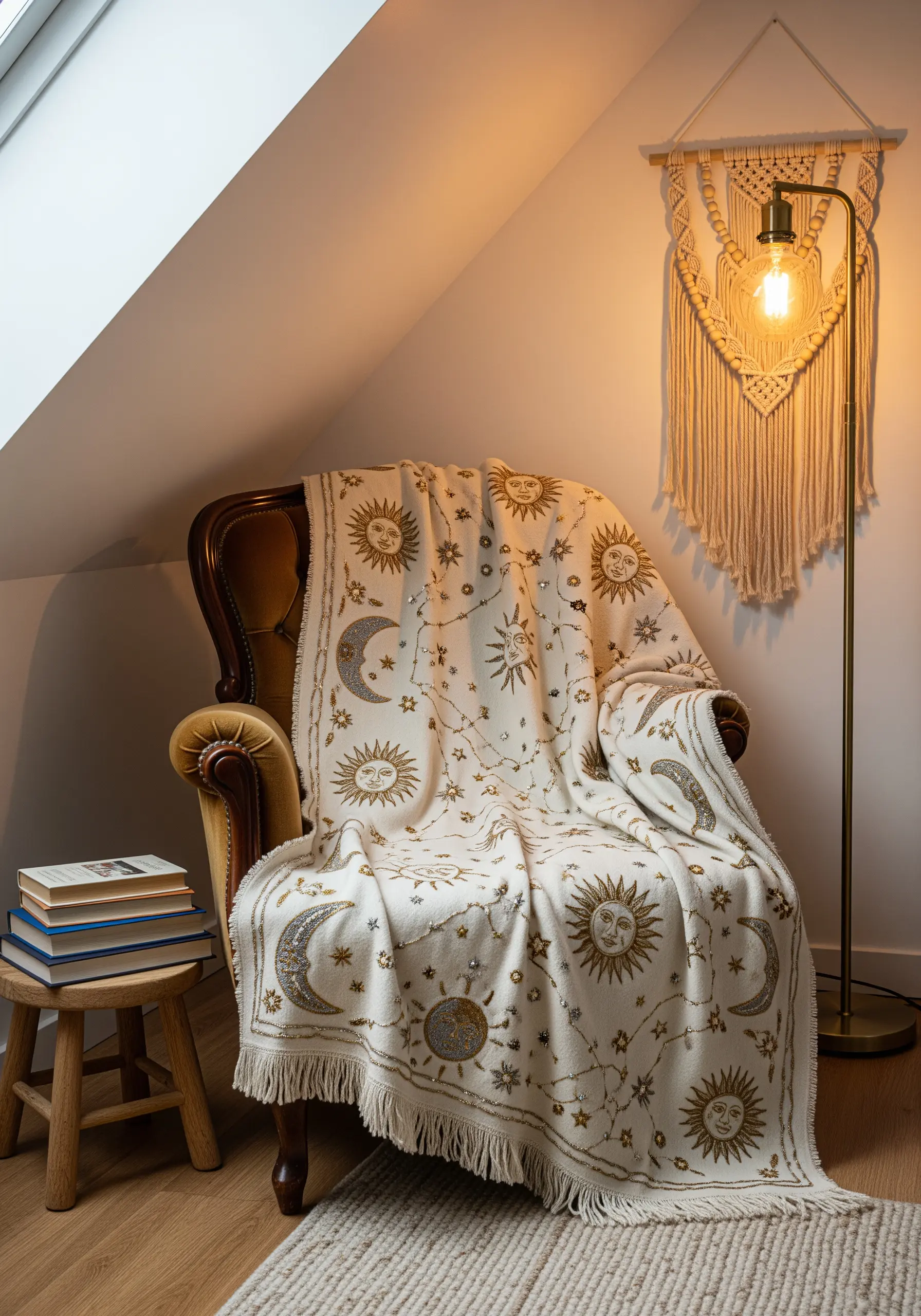 Cream-colored throw blanket embroidered with gold and blue celestial sun, moon, and star motifs.