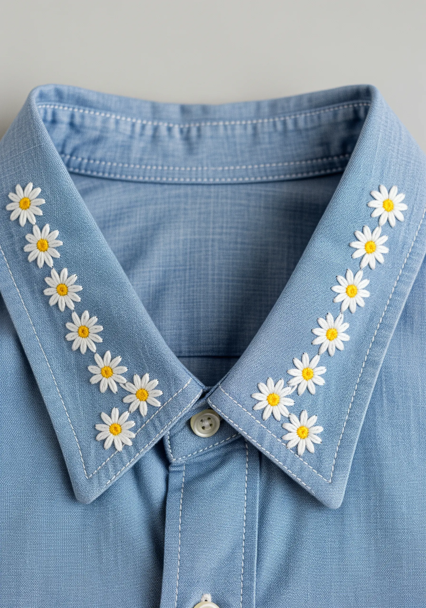 A denim shirt collar embellished with a repeating pattern of small embroidered daisies.